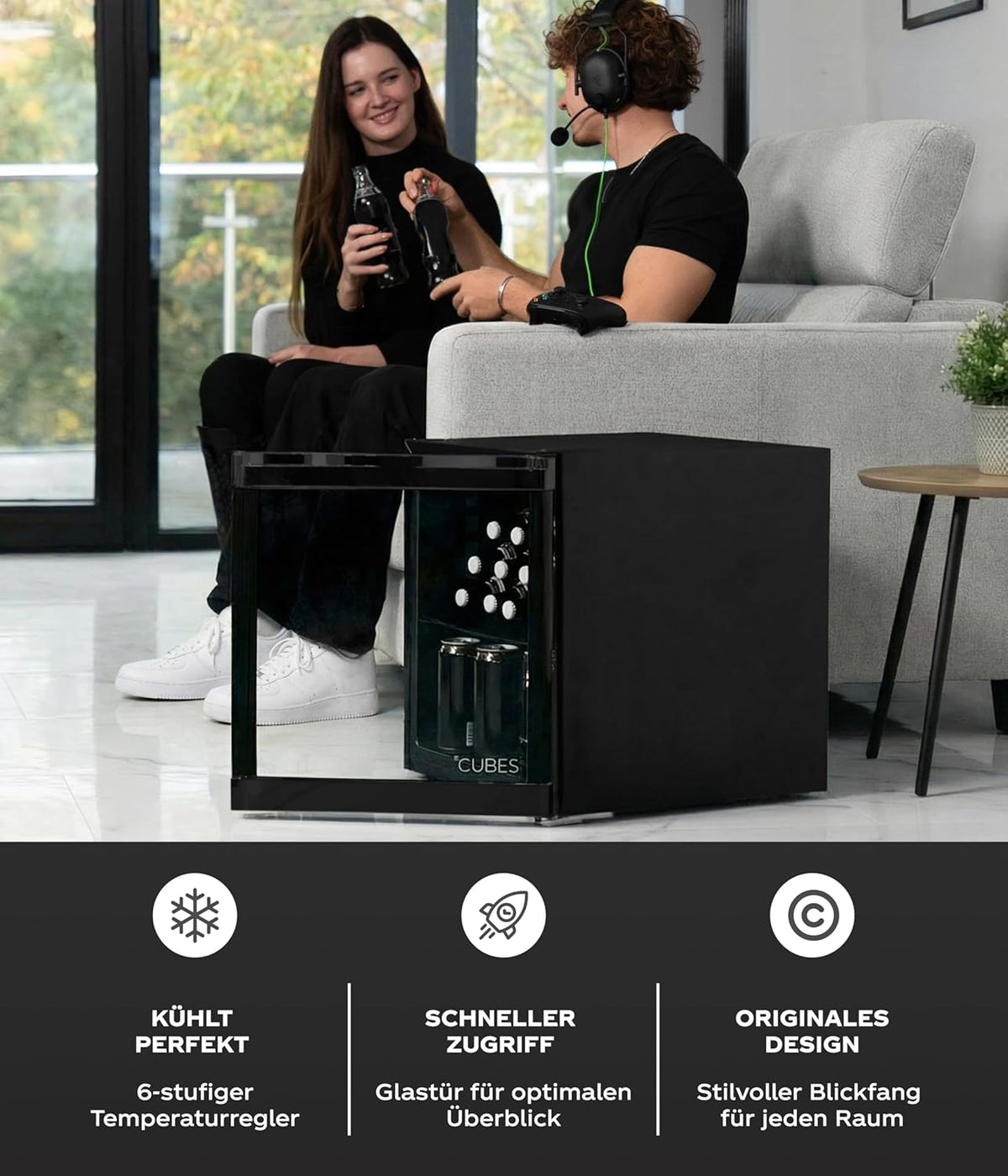 Mini Kühlschrank 48 L Schwarz – Eleganter Getränkekühlschrank mit Glastür & 1 variabler Ablage | Leise & energieeffizient (39 dB) | Perfekt für Büro, Küche, Gaming & Bar | Stilvolles Design