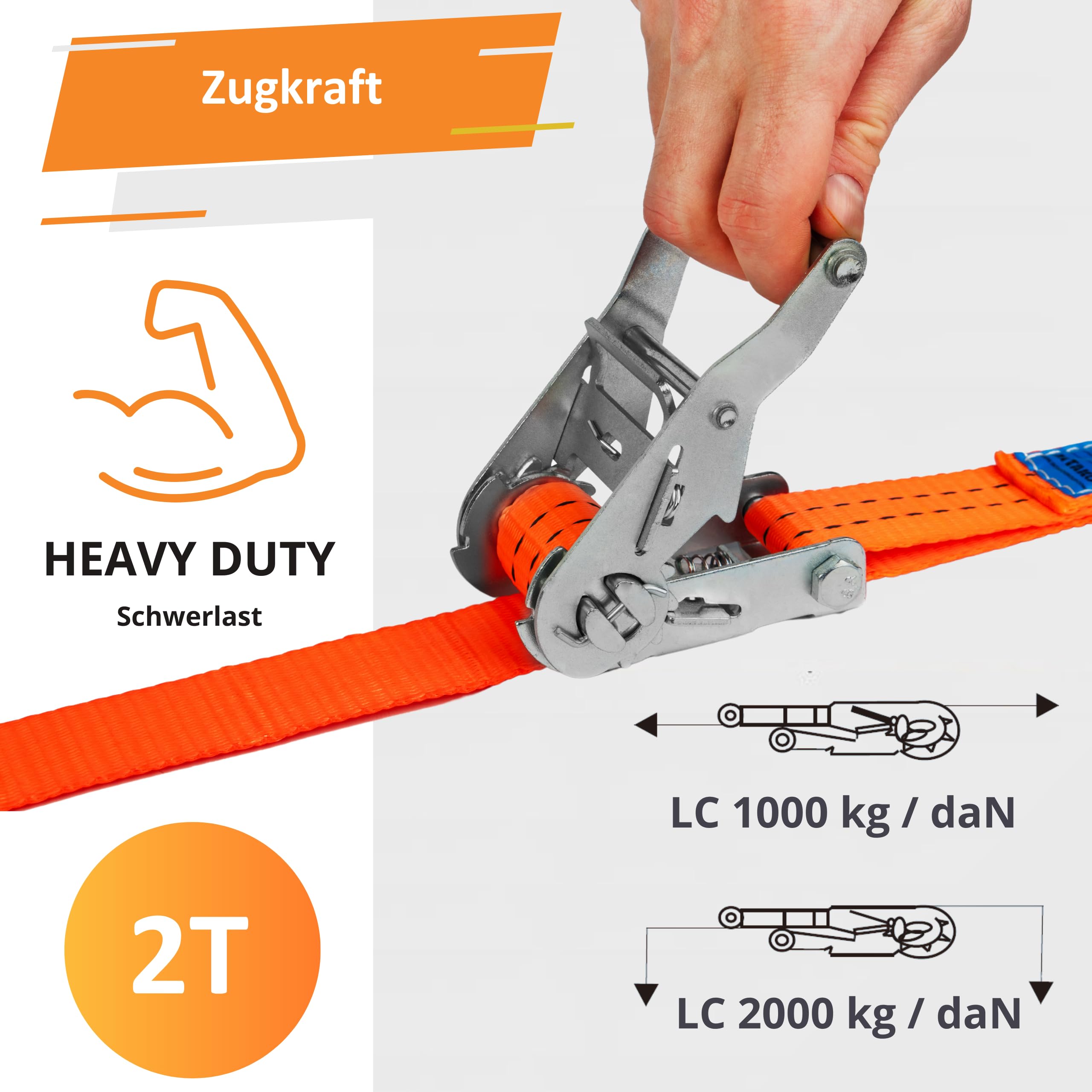 Spanngurte mit Ratsche und Haken - 4m / 6m / 8m - 2000kg 35mm - 4 Stück - Ratschen Set - Ratschengurt 2-Teilig - Zurrgurt Orange - TÜV GS Geprüft und gemäß DIN EN 12195-2 (Orange, 6m)