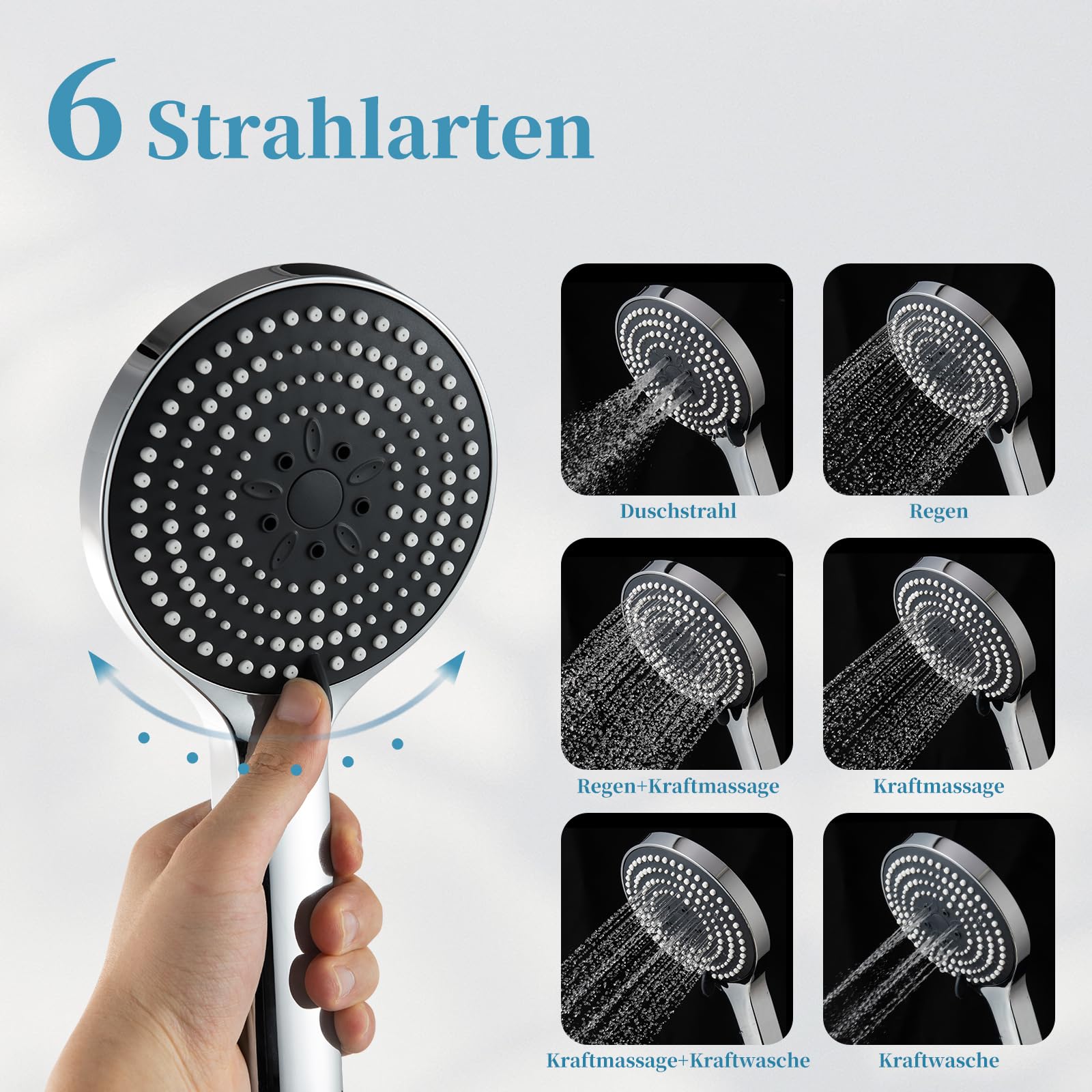 Duschkopf Groß xxl mit 6 Strahlarten, Duschbrause für Duschkopf Wassersparend, Chrom