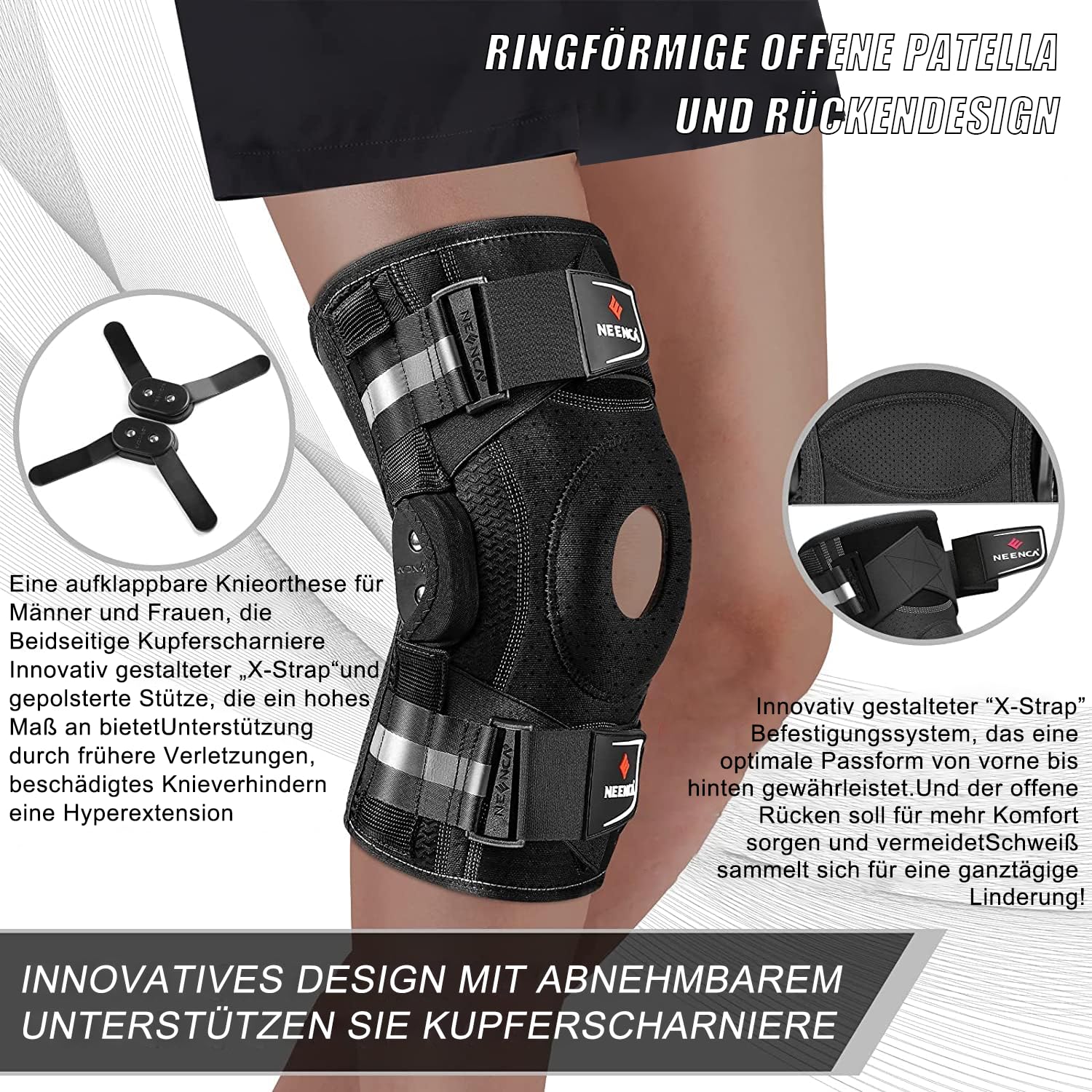 Kniebandage gegen Knieschmerzen, Kniestütze mit Scharnier und patentiertem X-Strap Befestigungssystem, starke Stabilität zur Schmerzlinderung, bei Arthritis, Meniskusriss, ACL, PCL, MCL