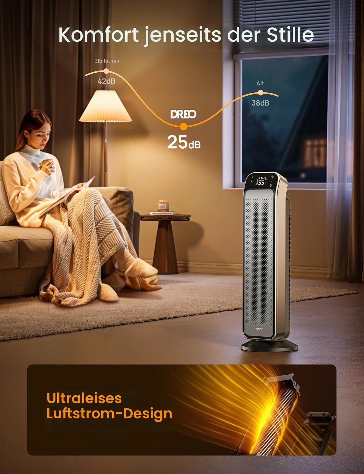 Heizlüfter Energiesparend Leise, 25 Zoll Keramik Heizung Elektrisch mit Fernbedienung und Thermostat, 2000W Elektroheizung, 3 Modus, 12-Std-Timer, Überhitzungs-Kippschutz, Solaris Max