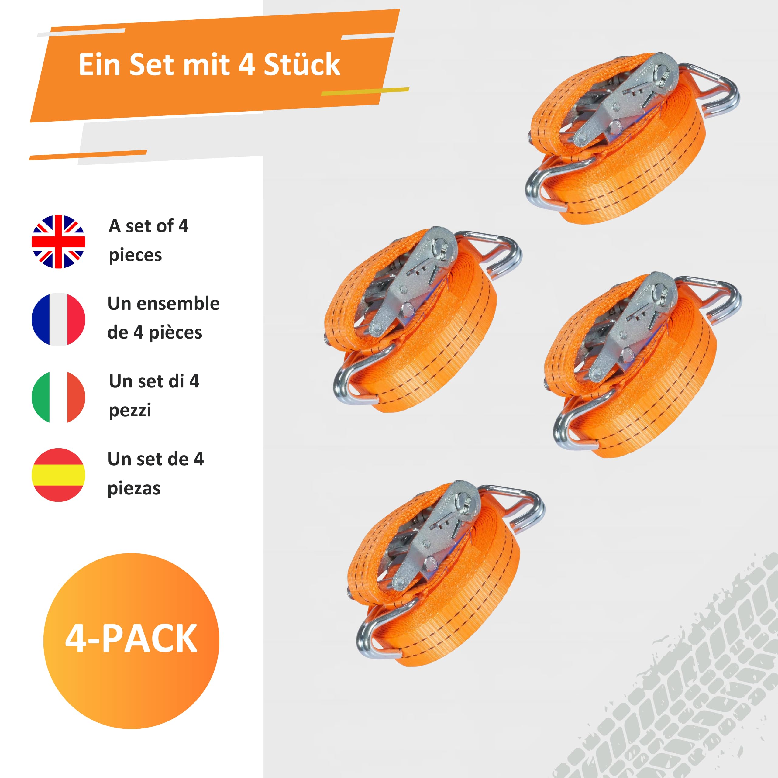 Spanngurte mit Ratsche und Haken - 4m / 6m / 8m - 2000kg 35mm - 4 Stück - Ratschen Set - Ratschengurt 2-Teilig - Zurrgurt Orange - TÜV GS Geprüft und gemäß DIN EN 12195-2 (Orange, 6m)