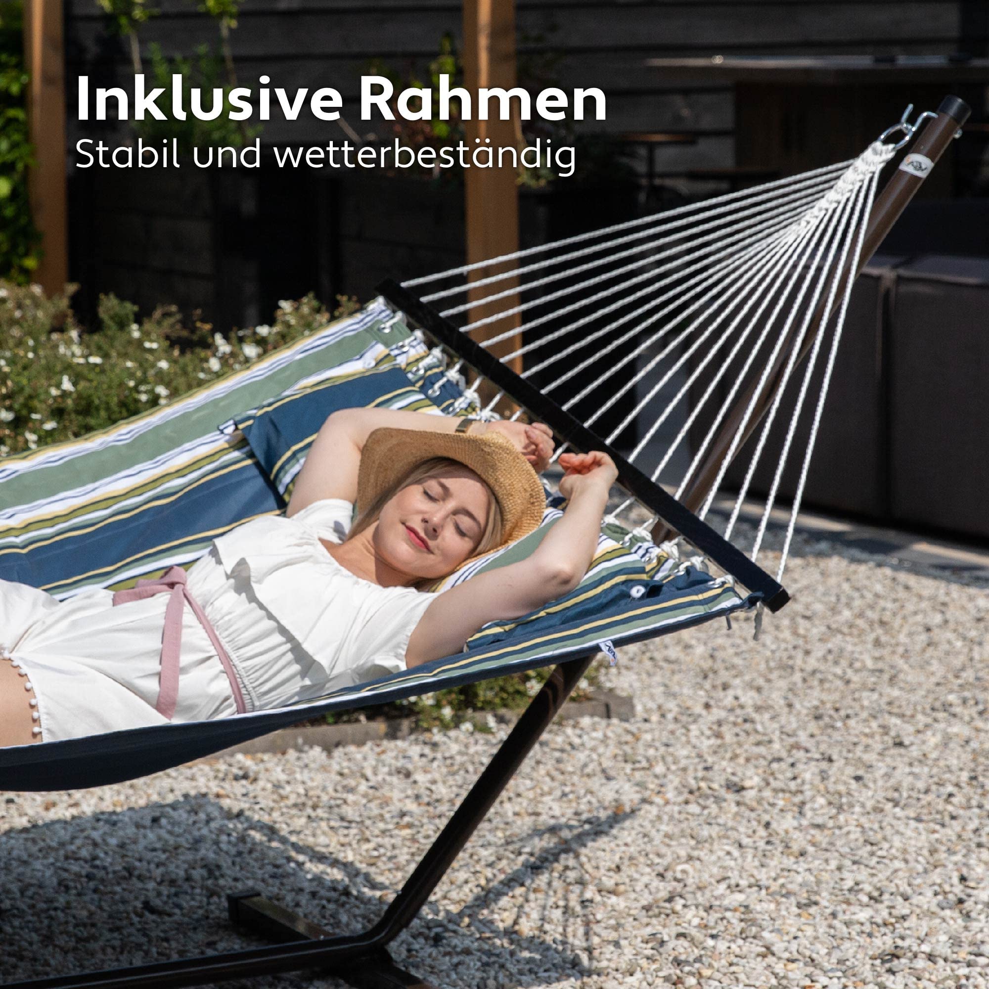 Hängematte mit Gestell und Tisch - Hängematte Outdoor für den Garten, Pool & Balkon - Großzügige Hängematten 2 Personen - Doppelhängematte mit Ständer und Beistelltisch - 200 kg Belastbarkeit