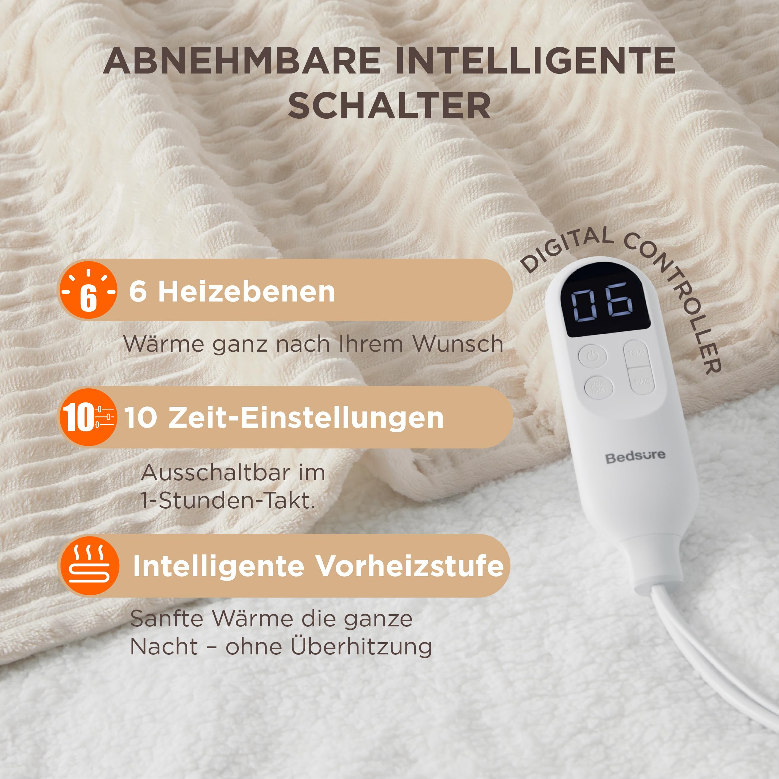 Elektrische Decke mit automatischem Abschalten - Wärmedecke mit 6 Wärmeeinstellungen und 10-Stunden-Timer, bis zu 8 Stunden Überhitzungsschutz, elektrische Kuscheldecke für Zuhause und Büro, 130 x 180 cm