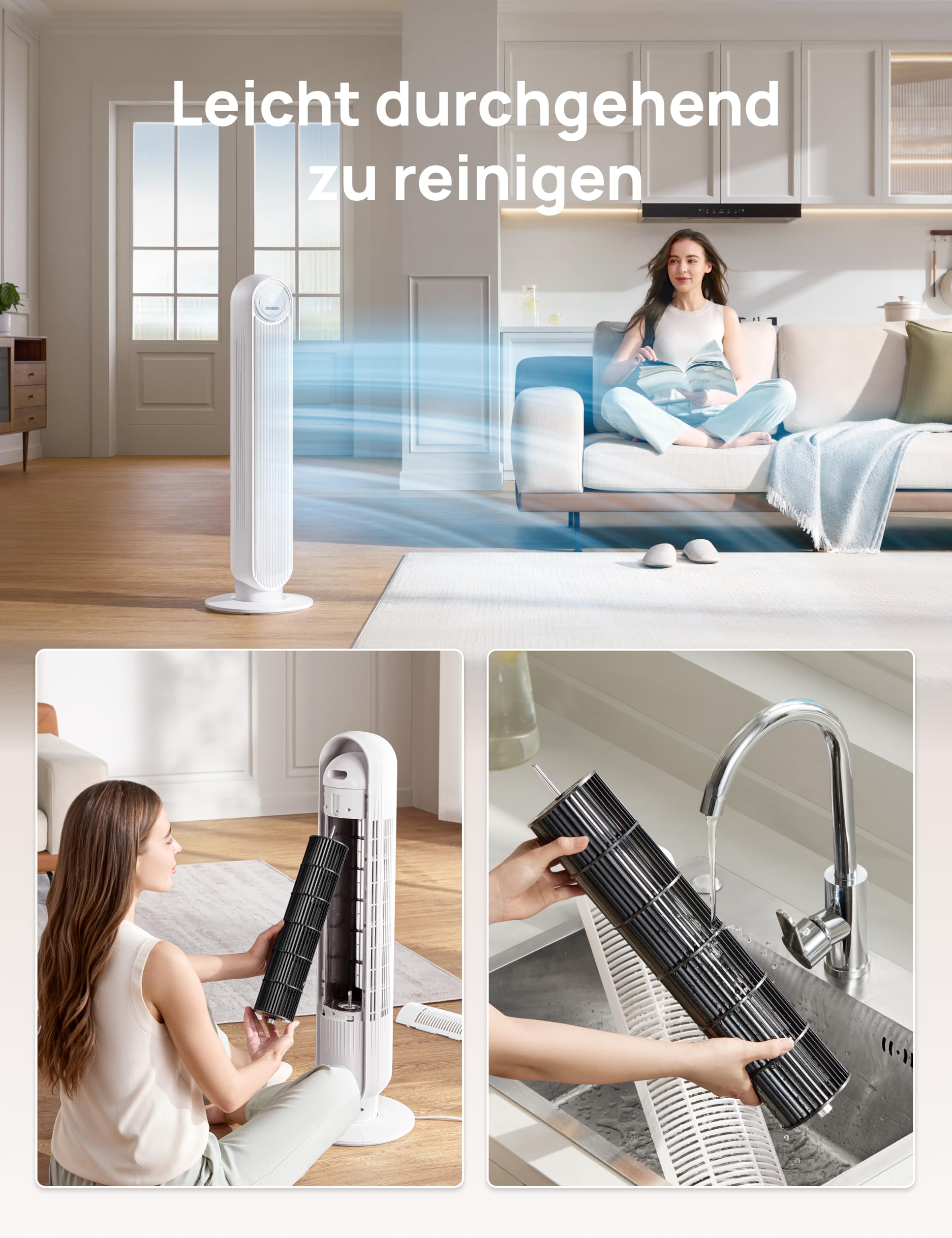 Leiser Turmventilator, 10 m Wurfweite 8 Geschwindigstufen 4 Modi 8 Std. Timer 90° oszillierende Ventilator mit Kühlung Fernbedienung für Schlafzimmer,Turmventilator 307, Schwarz