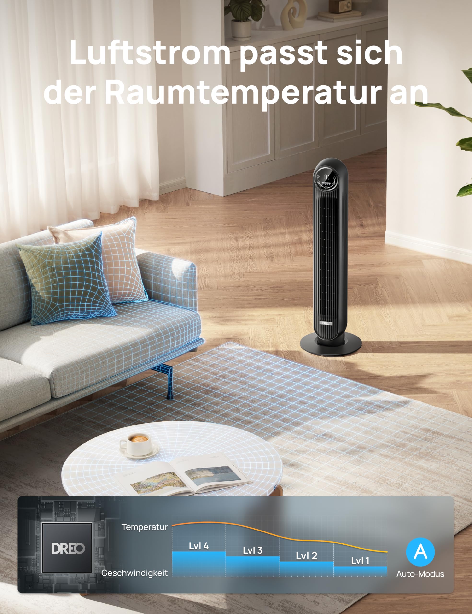 Leiser Turmventilator, 10 m Wurfweite 8 Geschwindigstufen 4 Modi 8 Std. Timer 90° oszillierende Ventilator mit Kühlung Fernbedienung für Schlafzimmer,Turmventilator 307, Schwarz