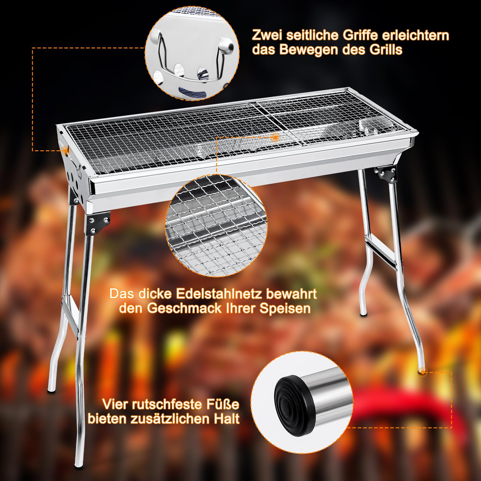 Holzkohlegrill Picknickgrill Edelstahl Kleiner Grill Portabler Campinggrill Abnehmbare BBQ Grills für Outdoor Garten Party