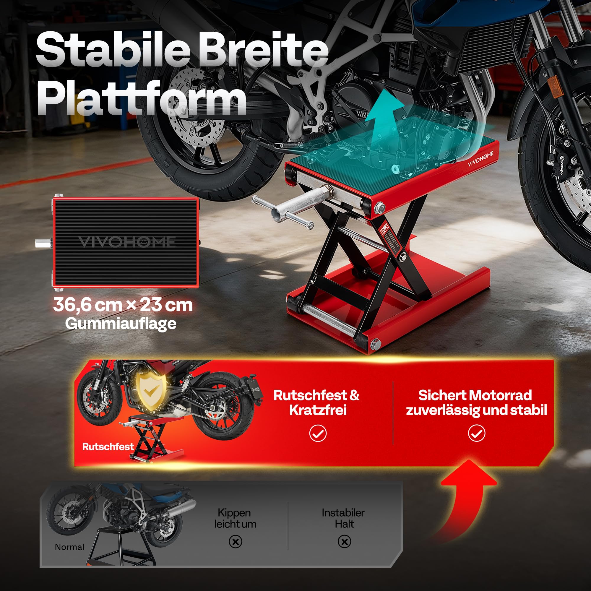 Motorrad Lift 500 kg Stahl-Schereheber mit breitem Deck und Kurbel für Motorräder Off-Road-Fahrzeuge Schmutzfahrräder