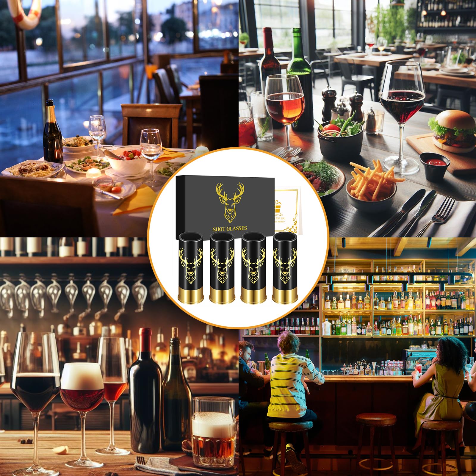 Schnapsgläser mit Hirschkopf, Grosspackung mit Geschenkbox, für Männer und Frauen, Hochzeitsfeier, Vatertag, Geschenke für Jäger, 12 GA Hirschjagd, Kleine Schnapsbecher, 45 ml, Plastik, Schwarz