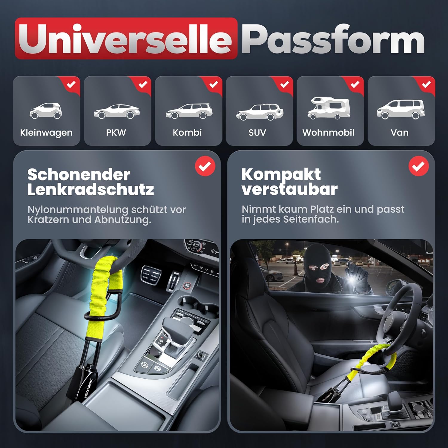 Lenkradkralle fรผr Auto & Wohnmobil aus Metall - Universelle Passform - Lenkradschloss mit dickem Stahlseil - Wegfahrsperre Diebstahlsicherung mit 3 Sicherheitsschlรผsseln