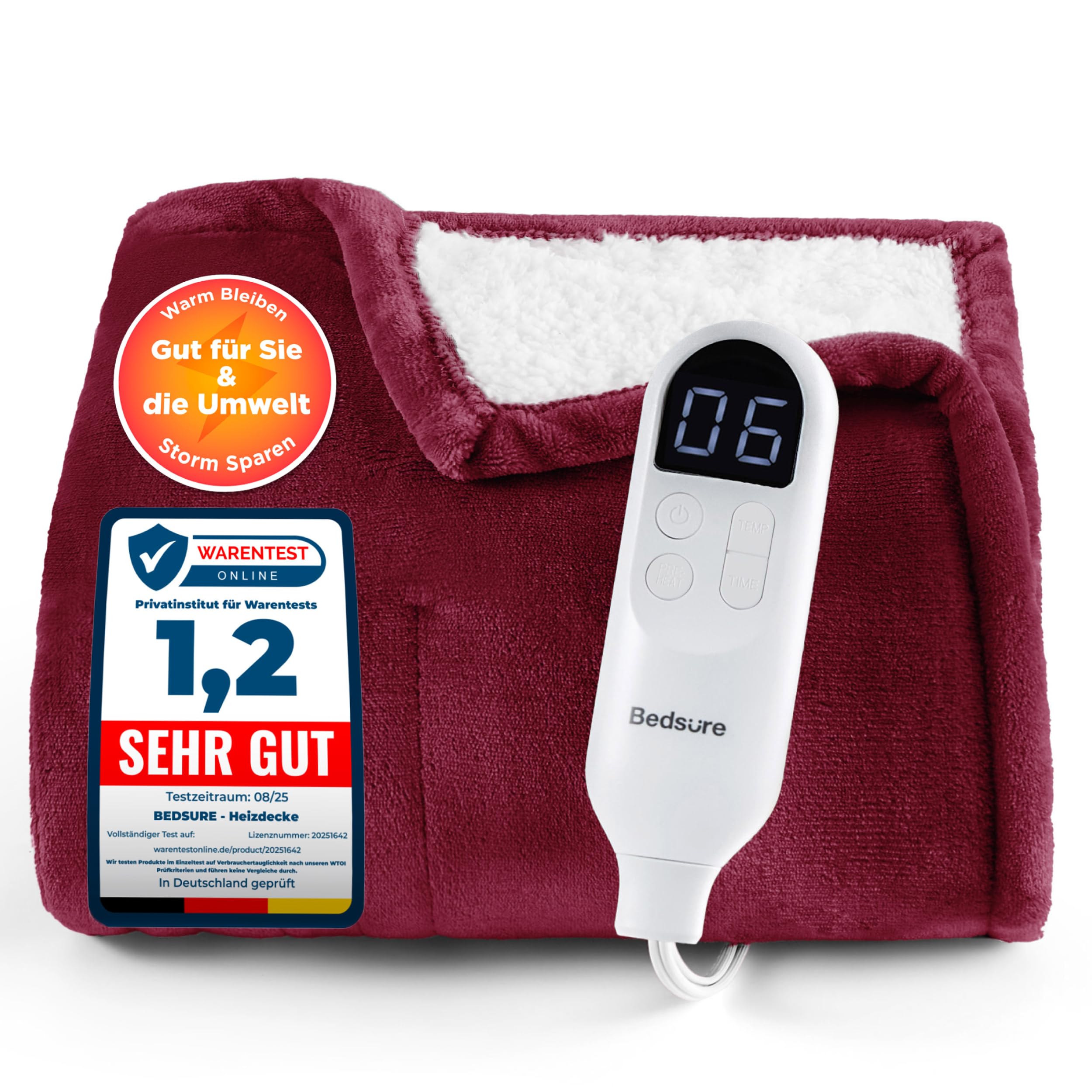 Elektrische Decke mit automatischem Abschalten - Wärmedecke mit 6 Wärmeeinstellungen und 10-Stunden-Timer, bis zu 8 Stunden Überhitzungsschutz, elektrische Kuscheldecke für Zuhause und Büro, 130 x 180 cm