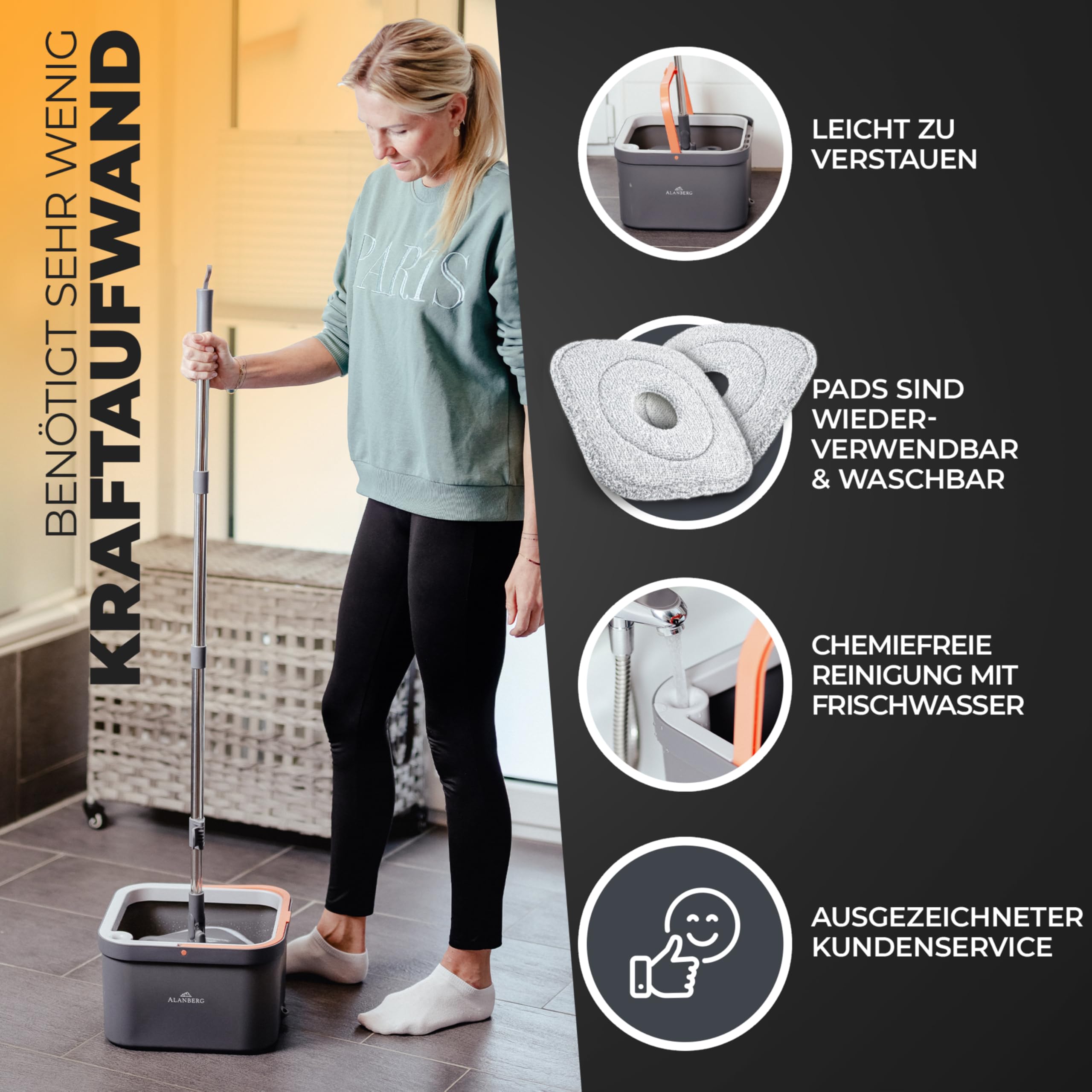 Wischmopp Set mit Eimer, 2-Kammer-System Frisch-/Schmutzwasser Trennung, selbst-auswringend, 160 cm Stiel & 2 Mikrofaser-Pads, für alle Böden, Grau