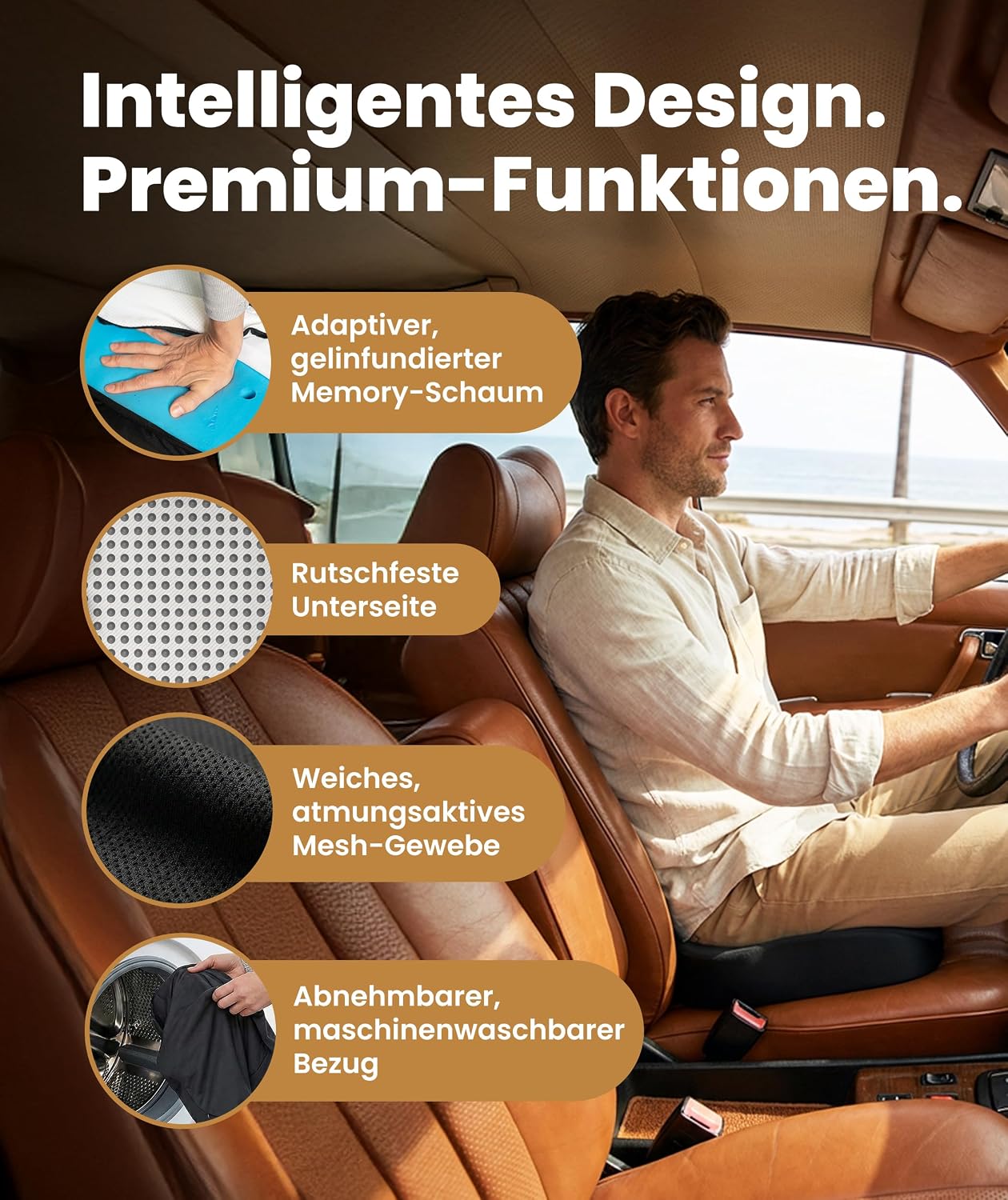 Sitzkissen für Bürostuhl, Auto & Zuhause – Komfortkissen mit waschbarem Bezug, Rutschfester Unterseite und konturierter Form