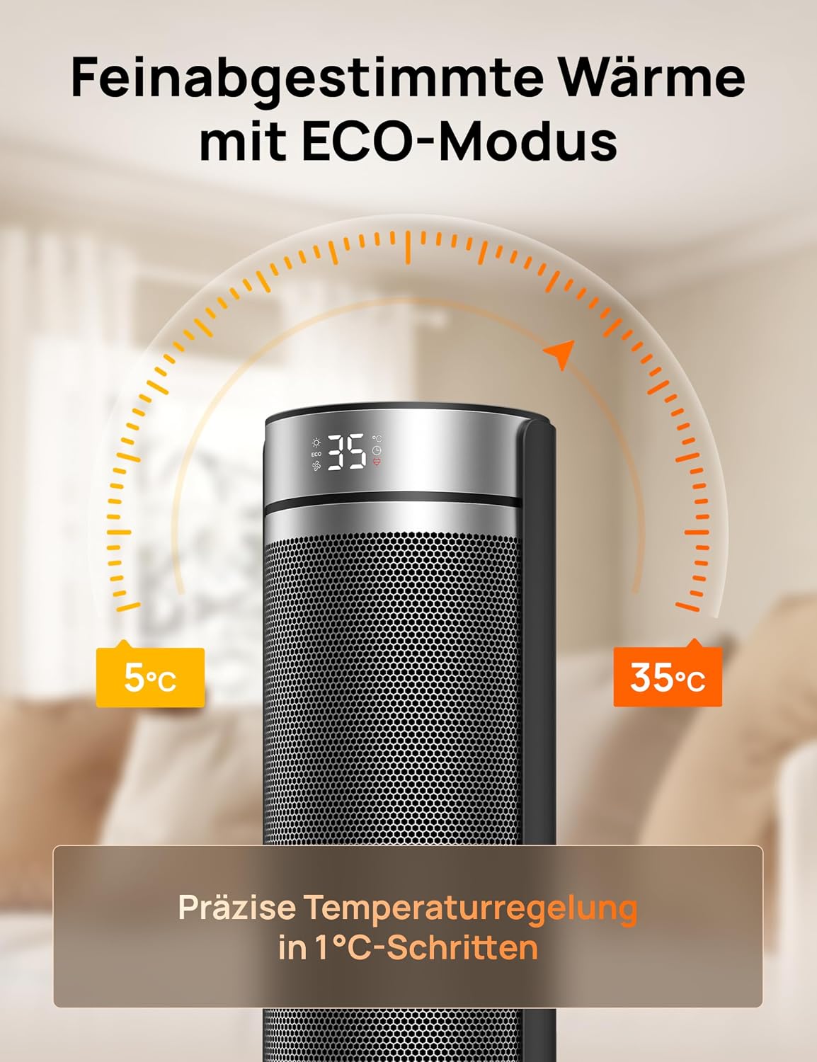 Heizlüfter, 2000W Leiser Elektrischer Heizstrahler fürs Schlafzimmer mit Fernbedienung, 12h Timer, 70° Oszillation, 5 Modi, PTC Keramik mit Thermostat, Heizung für Große Räume, Büro
