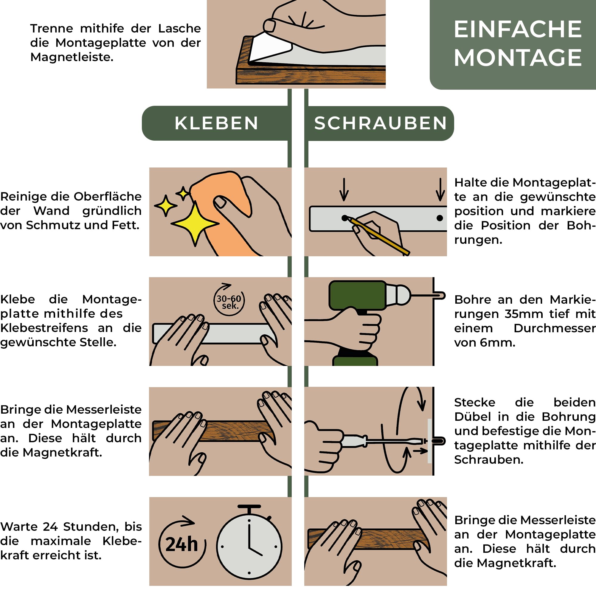 Magnetische Messerstreifen (40 x 5 cm) - Magnetstreifen aus elegantem Akazienholz - Magnetische Messerhalter für schwere Messer - Magnetische Messerstreifen zum Kleben oder Schrauben - Magnetische Messerhalterung