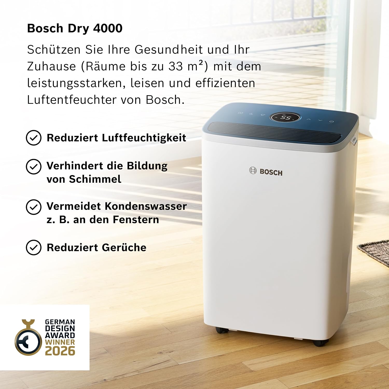 Bosch Dry, Luftentfeuchter, Für Räume bis zu 33 m² | Einfach, Effizient, Leise, Ideal für Deine Wohnung & die schnelle Trocknung Deiner Wäsche