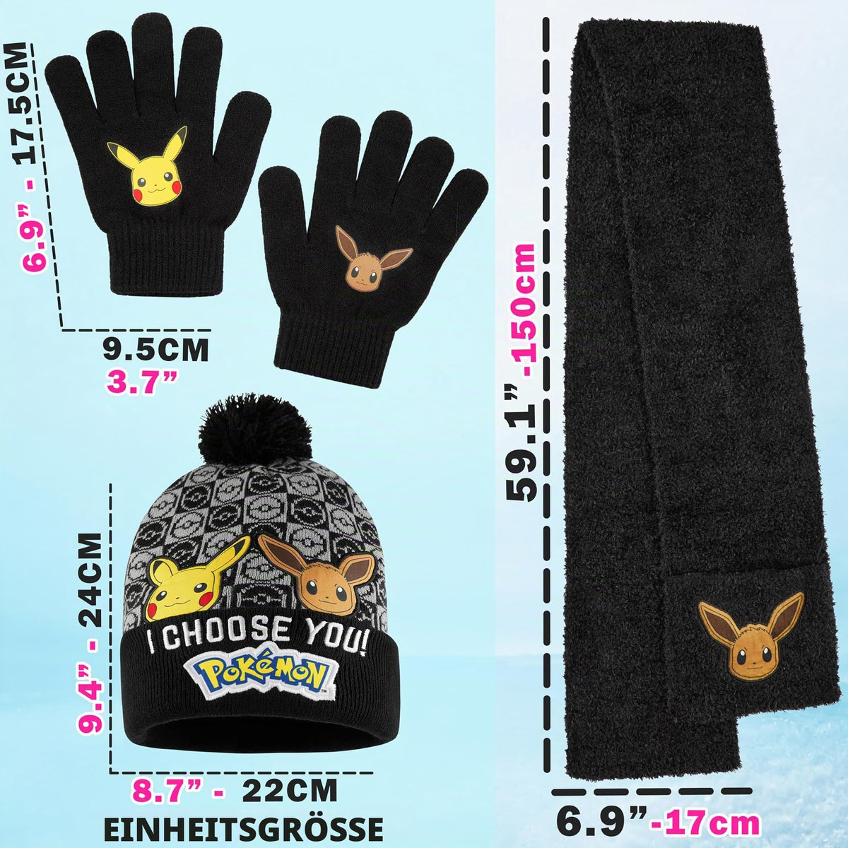 Pokemon Mütze, Schal & Handschuhe Jungen 4-12 Jahre, 3 Stück Warme Kinder Winter Set für kalte Tage, Anime Geschenke für Jungen