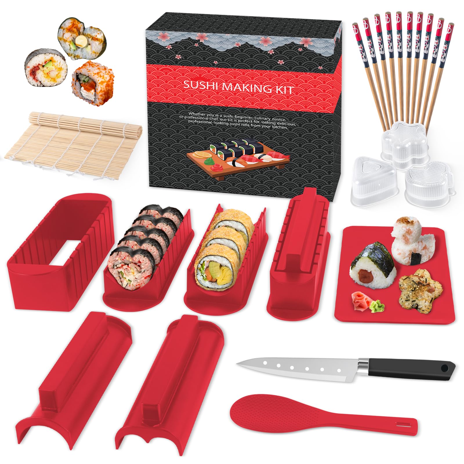 Sushi Set, 20-teiliges Kit für Anfänger, um sich selbst Sushi zu machen, Sushi-Platte mit Reisrollenformen, Gabel, Messer, Rollmatte, Sticks