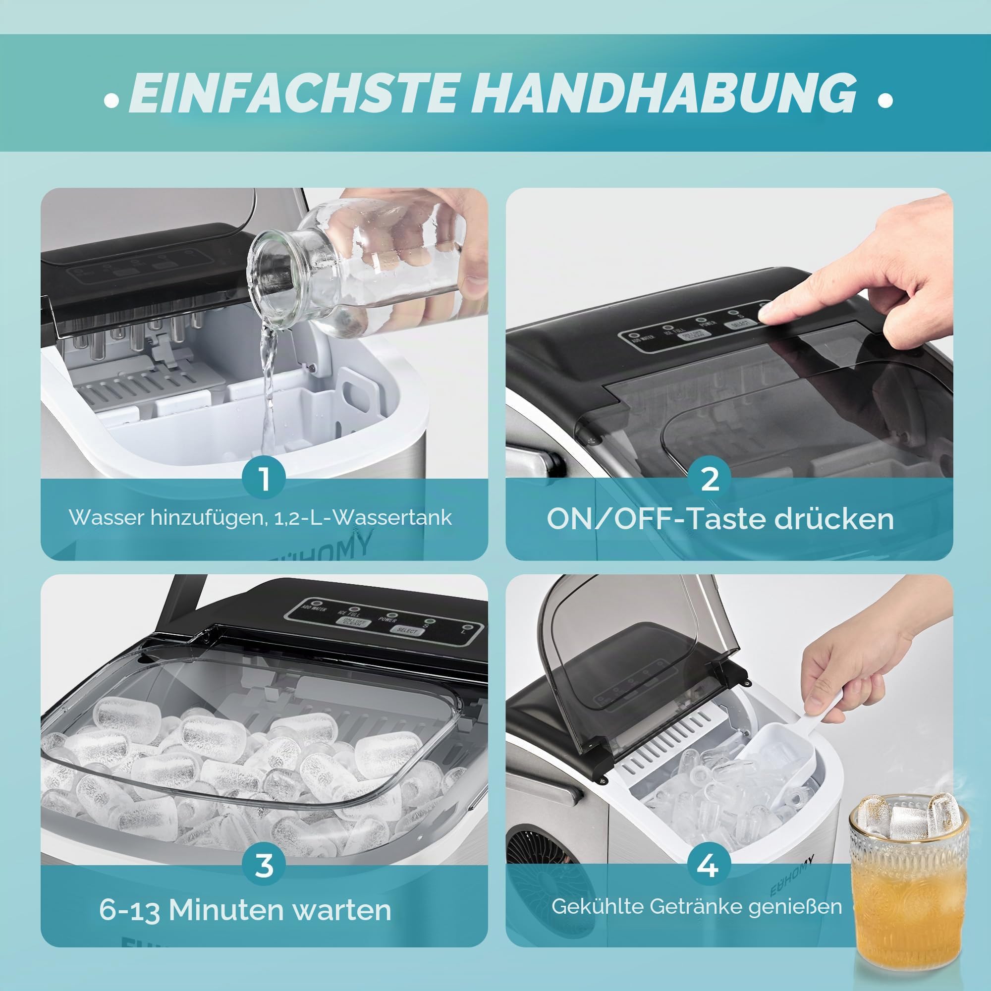 Eiswürfelmaschine Klein, 9 Eiswürfel in 6 Minuten, 12 kg/24H, Eiswürfelmaschine Edelstahl mit Tragbarem Griff, Selbstreinigender Kompakter Eiswürfelmaschinen für Zuhause/Küche/Büro/Bar