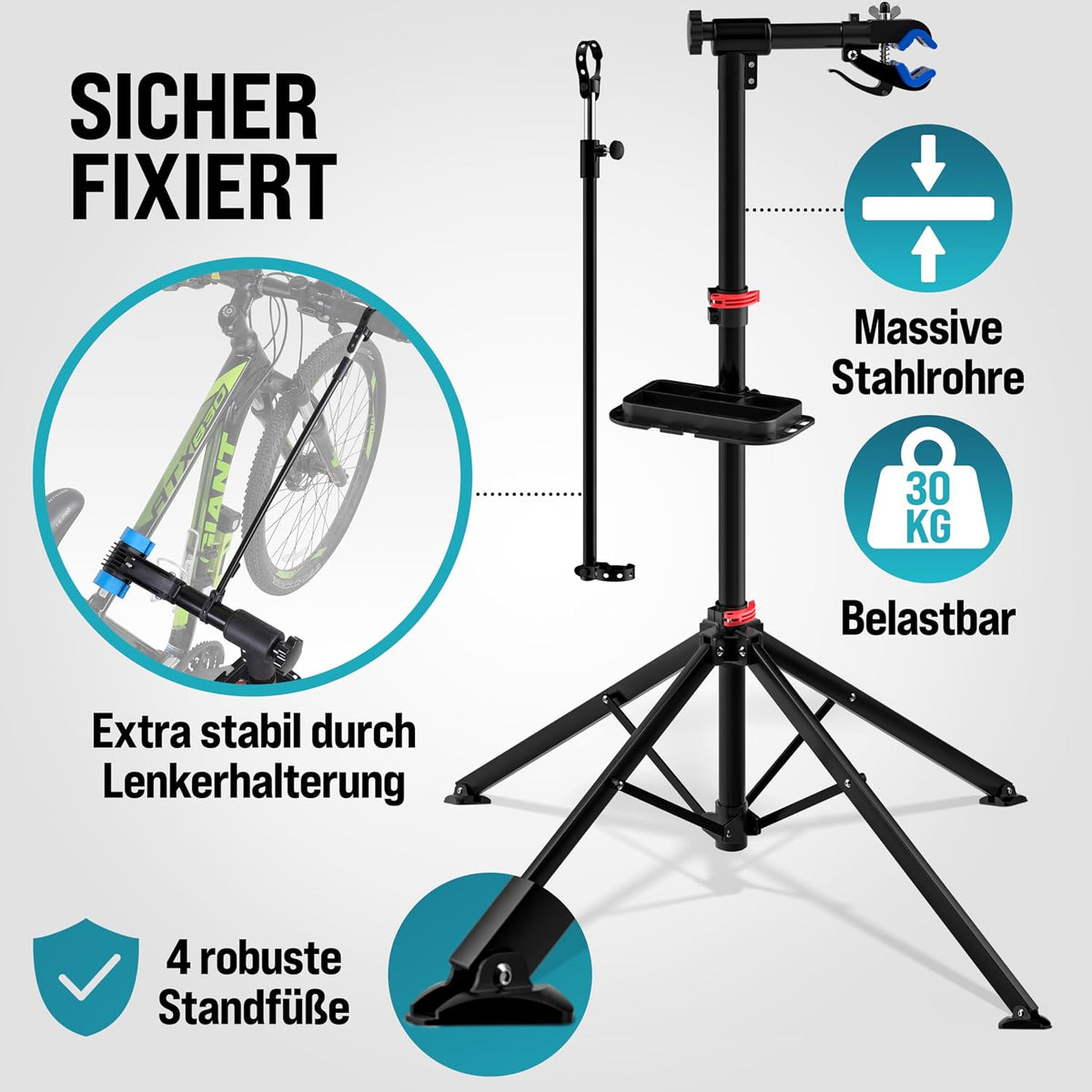Fahrradmontageständer 30 kg mit Drehmomentschlüssel 1/4 Zoll Set Profi klappbar Tragetasche Reifenheber 1-25 Nm Bitset Transportbox