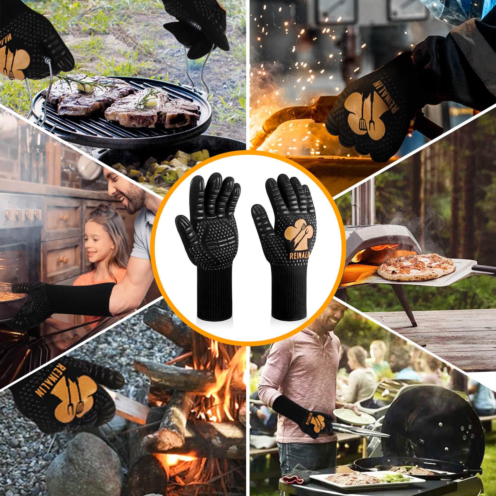 Reinalin Grillhandschuhe Hitzebeständig bis 800°C, Ofenhandschuhe Topfhandschuhe Feuerfeste Handschuhe BBQ Handschuhe Kochhandschuhe Backhandschuhe Backofenhandschuhe (L/XL/XXL, Schwarz)