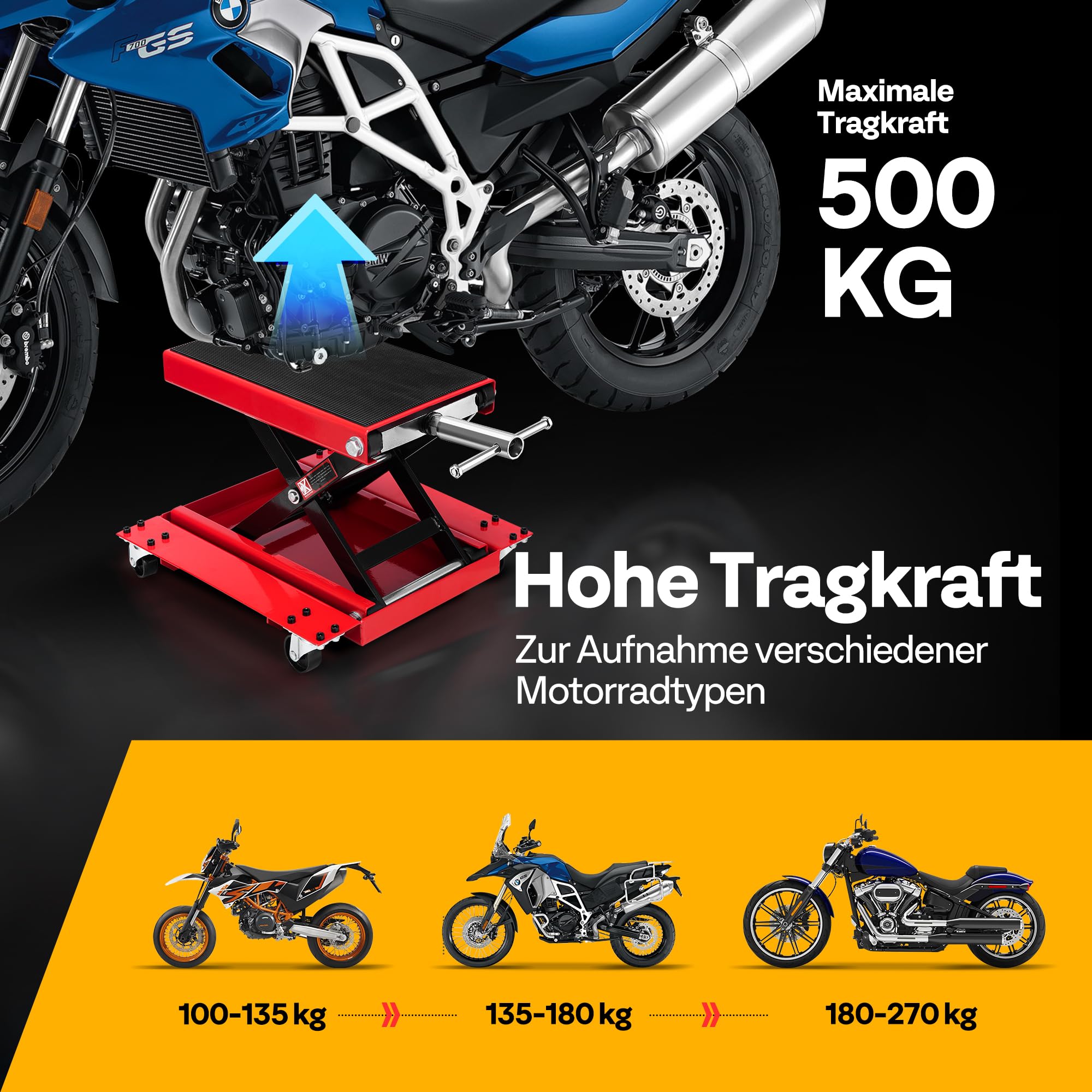 Motorrad Lift 500 kg Stahl-Schereheber mit breitem Deck und Kurbel für Motorräder Off-Road-Fahrzeuge Schmutzfahrräder
