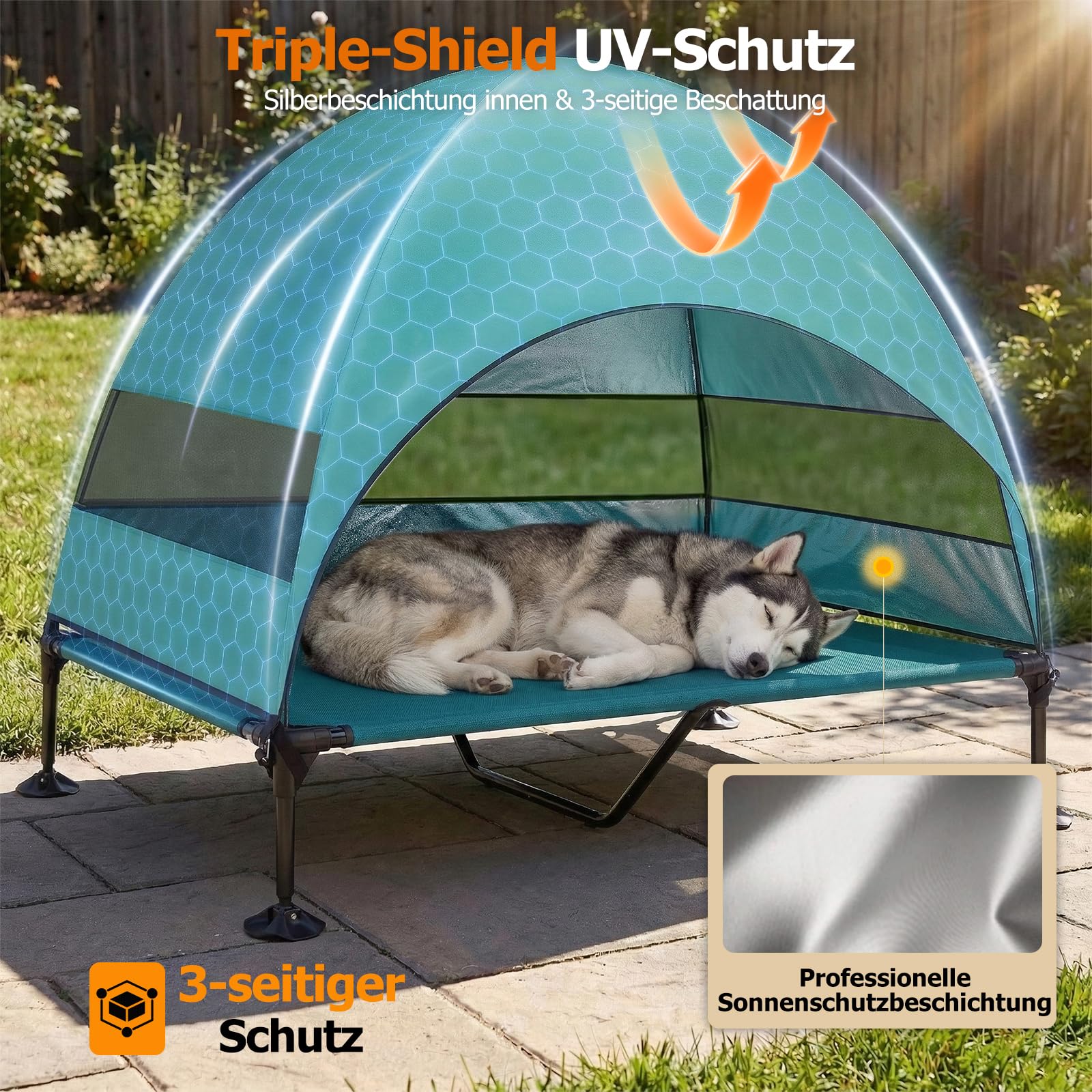 Erhöhtes Hundebett Outdoor mit UV-beständiges Dach,Hundeliege Klappbar mit Anti-Rutsch-Füßen, Hundezelt Outdoor mit Großem Schatten, Kühlendes ErhöHtes Hunde Bett für Camping, Garten & Pool (Grau, L)