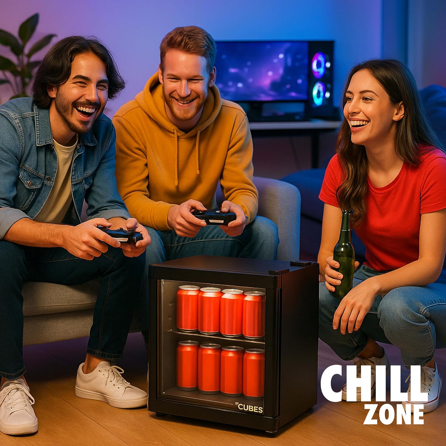 Mini-Kühlschrank, Schwarz, 48 L, Ruhig und Energieeffizient, Kompakt-Getränkekühlschrank mit Glastür, Perfekt für Büro, Gaming & Camping, Kleiner Kühlschrank Mini Kühlschrank