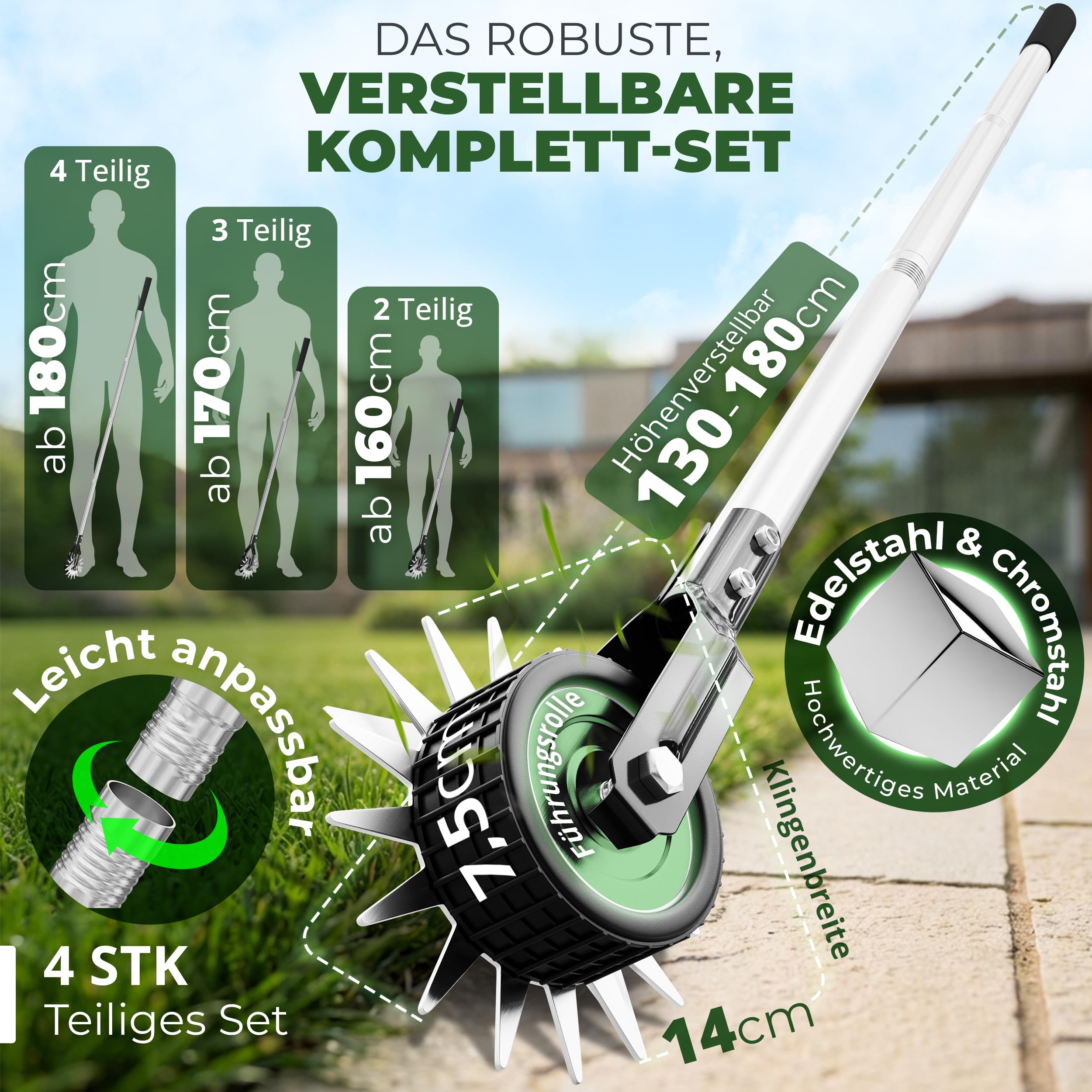 Rasenkantenschneider – 4-teilig Verstellbarer Edelstahlgriff, ideal für Jede Körpergröße, verbesserter gepolsterter Griff, gut ausbalancierte Rollen, inkl. Schleifmesser