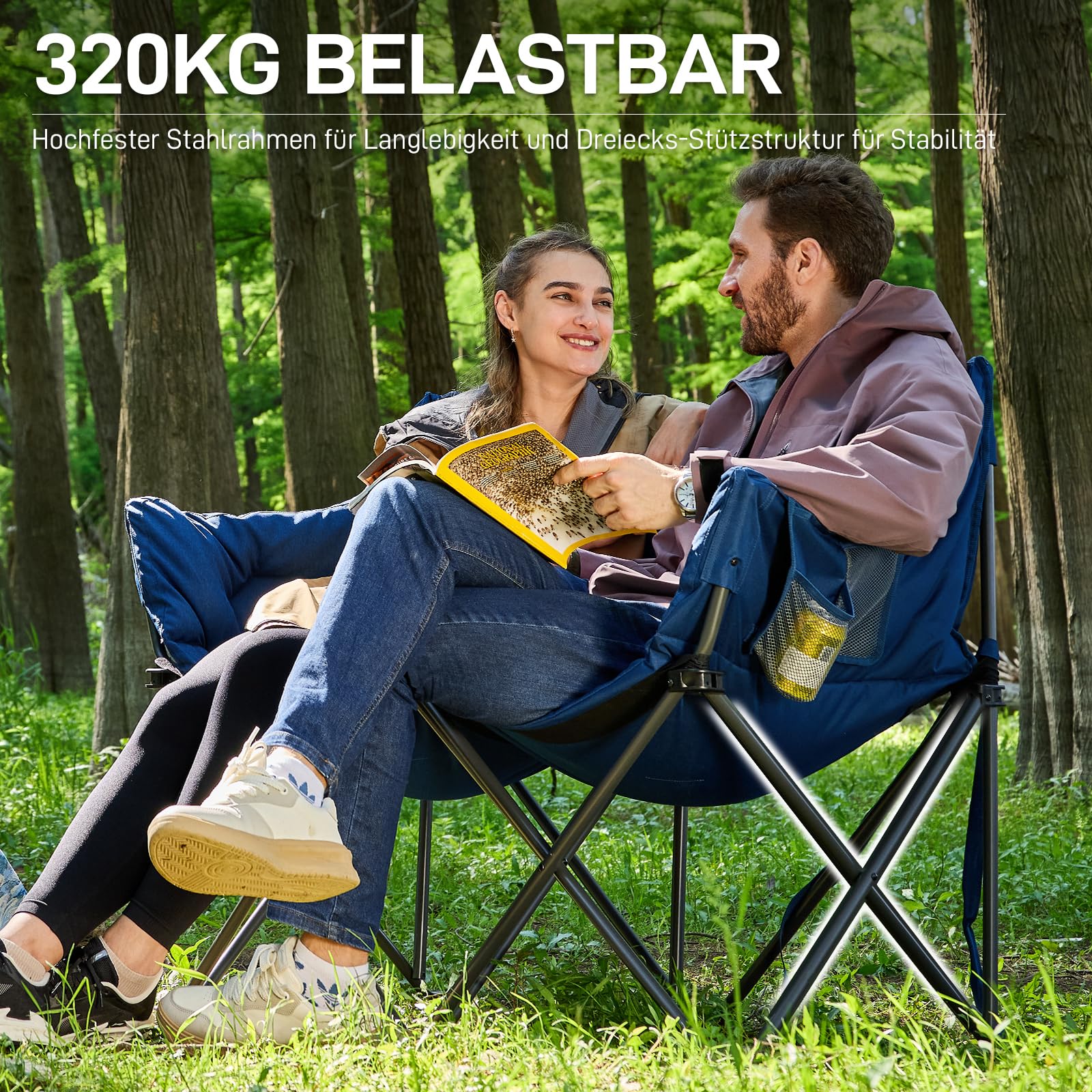 Campingstuhl Faltbar 124CM Breit Campingsofa für 2 Personen Faltsofa 320KG Belastbar, Campingcouch Dick Gepolstert Klappstuhl XXL 2 Sitzer Hohe Lehne für Outdoor Garten Balkon Indoor