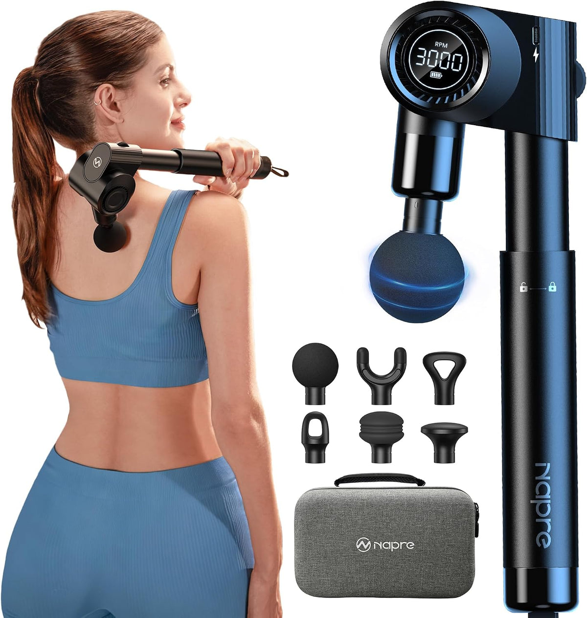 Massagepistole,Napre Faltbare Massage Pistole Massage Gun mit Verlängerungsgriff und Einstellbaren Winkeln,Muskel Percussion Massagegerät für Schulter Körper Rücken,32 Geschwindigkeiten,6 Aufsätze