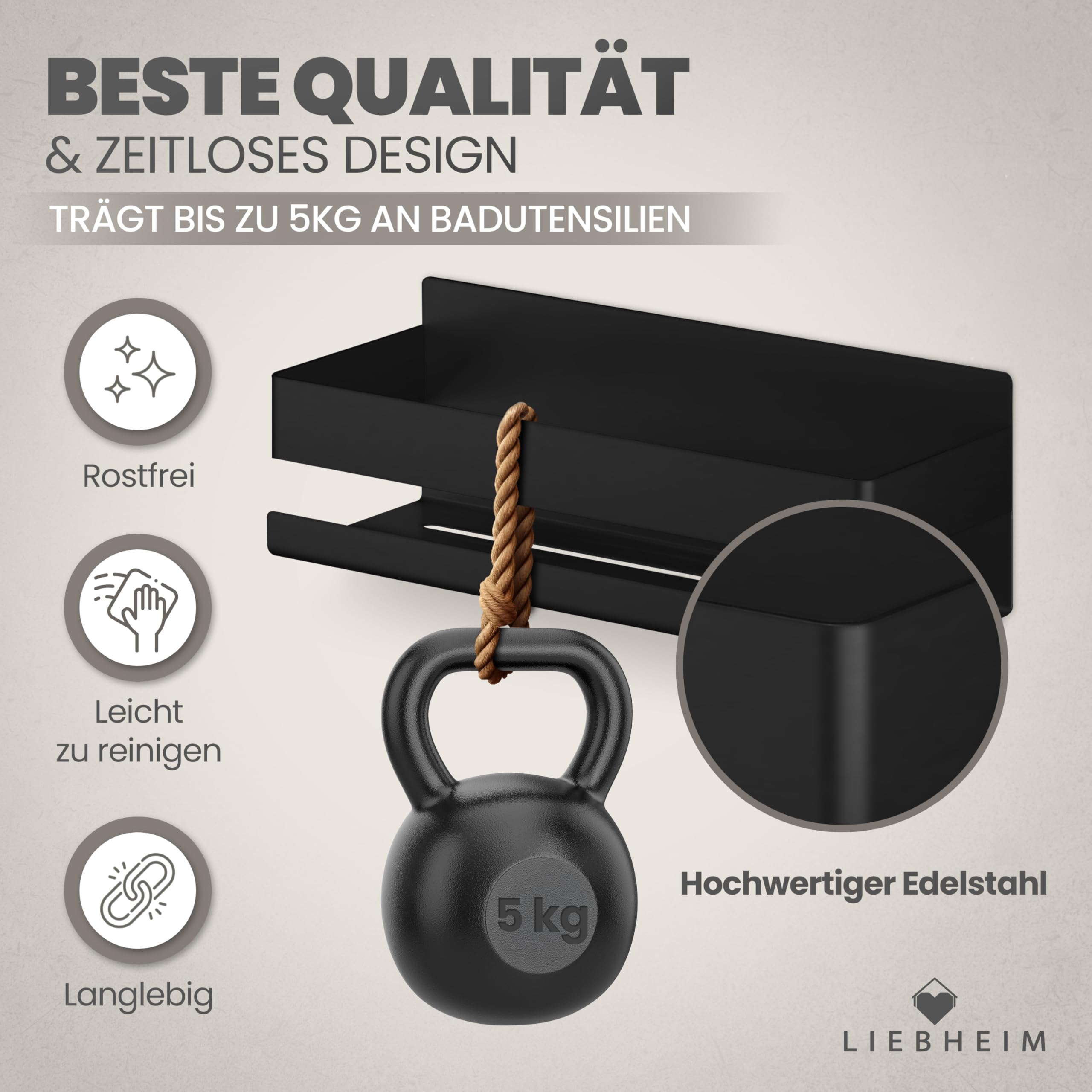 Duschablage Ohne Bohren - Badregal - Duschkorb - Bad Organizer | Massiv - silber gebürstet - 22 cm x 9 cm - 2 Klebevarianten für Nass- und Trockenbereich