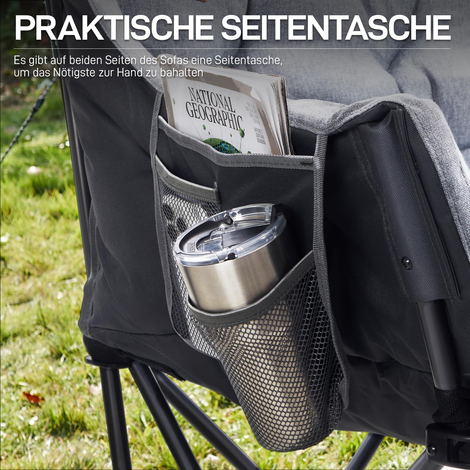 Campingstuhl Faltbar 124CM Breit Campingsofa für 2 Personen Faltsofa 320KG Belastbar, Campingcouch Dick Gepolstert Klappstuhl XXL 2 Sitzer Hohe Lehne für Outdoor Garten Balkon Indoor