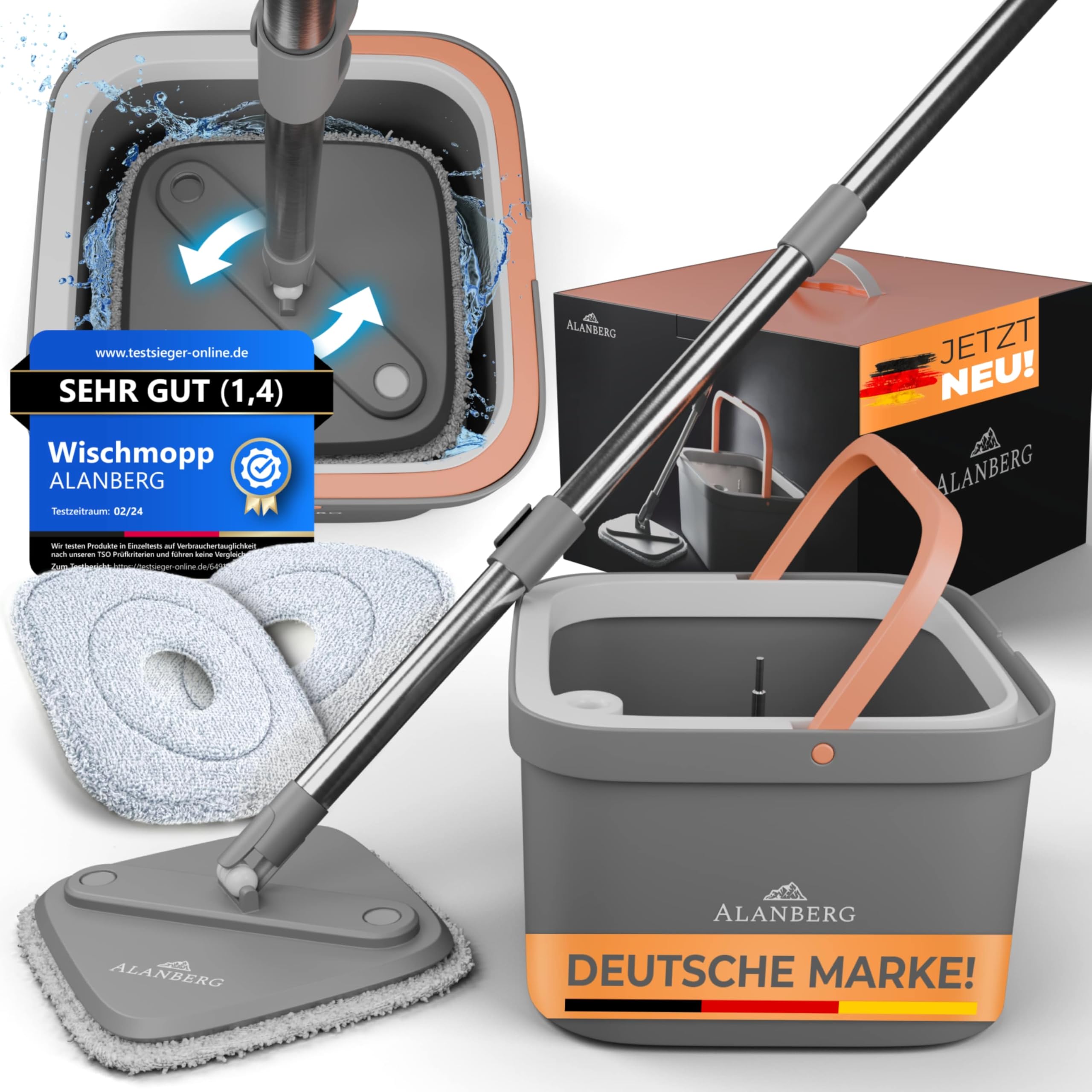 Wischmopp Set mit Eimer, 2-Kammer-System Frisch-/Schmutzwasser Trennung, selbst-auswringend, 160 cm Stiel & 2 Mikrofaser-Pads, für alle Böden, Grau