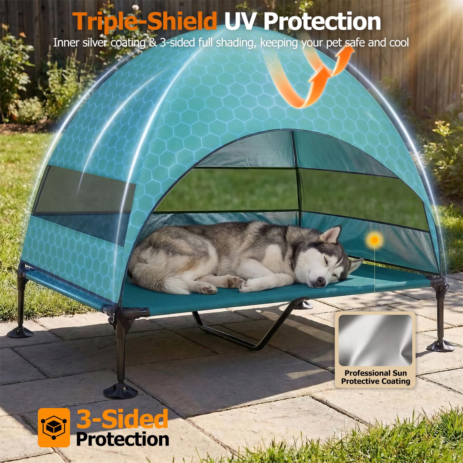 Erhöhtes Hundebett Outdoor mit UV-beständiges Dach,Hundeliege Klappbar mit Anti-Rutsch-Füßen, Hundezelt Outdoor mit Großem Schatten, Kühlendes ErhöHtes Hunde Bett für Camping, Garten & Pool (Grau, L)