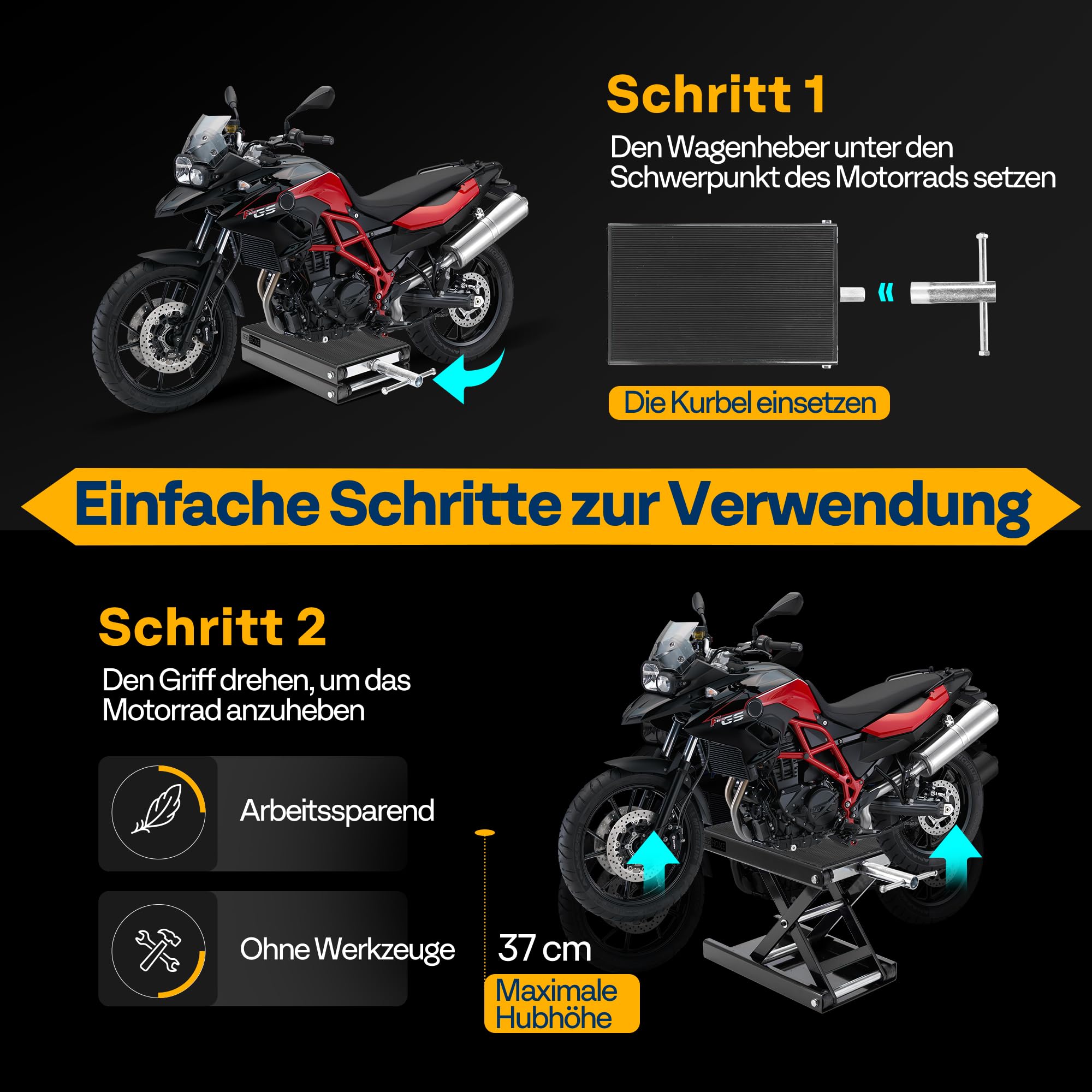 Motorrad Lift 500 kg Stahl-Schereheber mit breitem Deck und Kurbel für Motorräder Off-Road-Fahrzeuge Schmutzfahrräder
