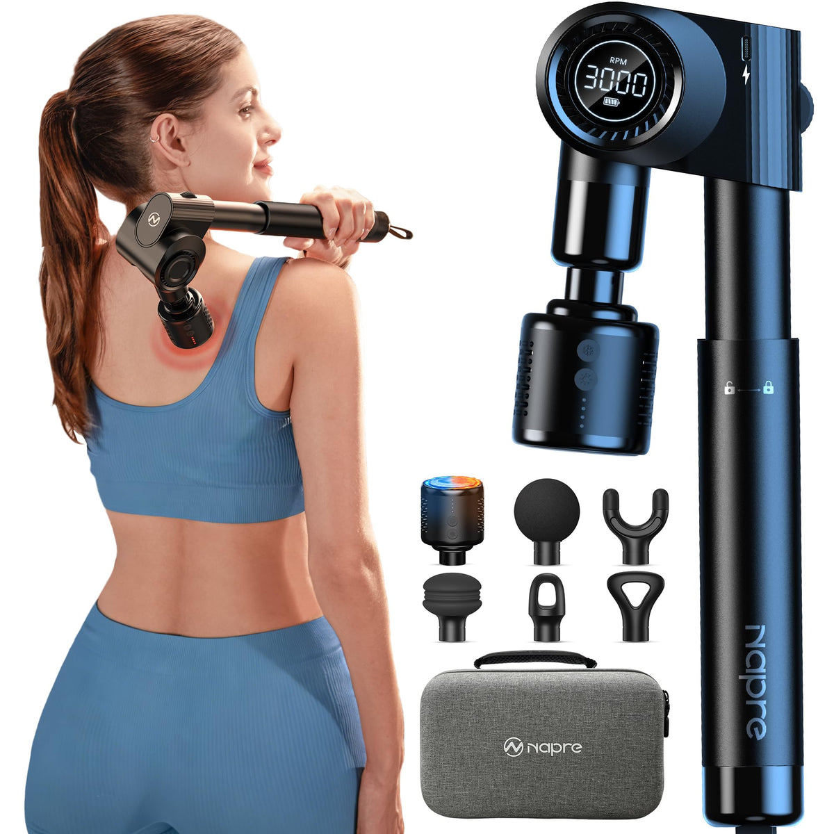 Massagepistole,Napre Faltbare Massage Pistole Massage Gun mit Verlängerungsgriff und Einstellbaren Winkeln,Muskel Percussion Massagegerät für Schulter Körper Rücken,32 Geschwindigkeiten,6 Aufsätze