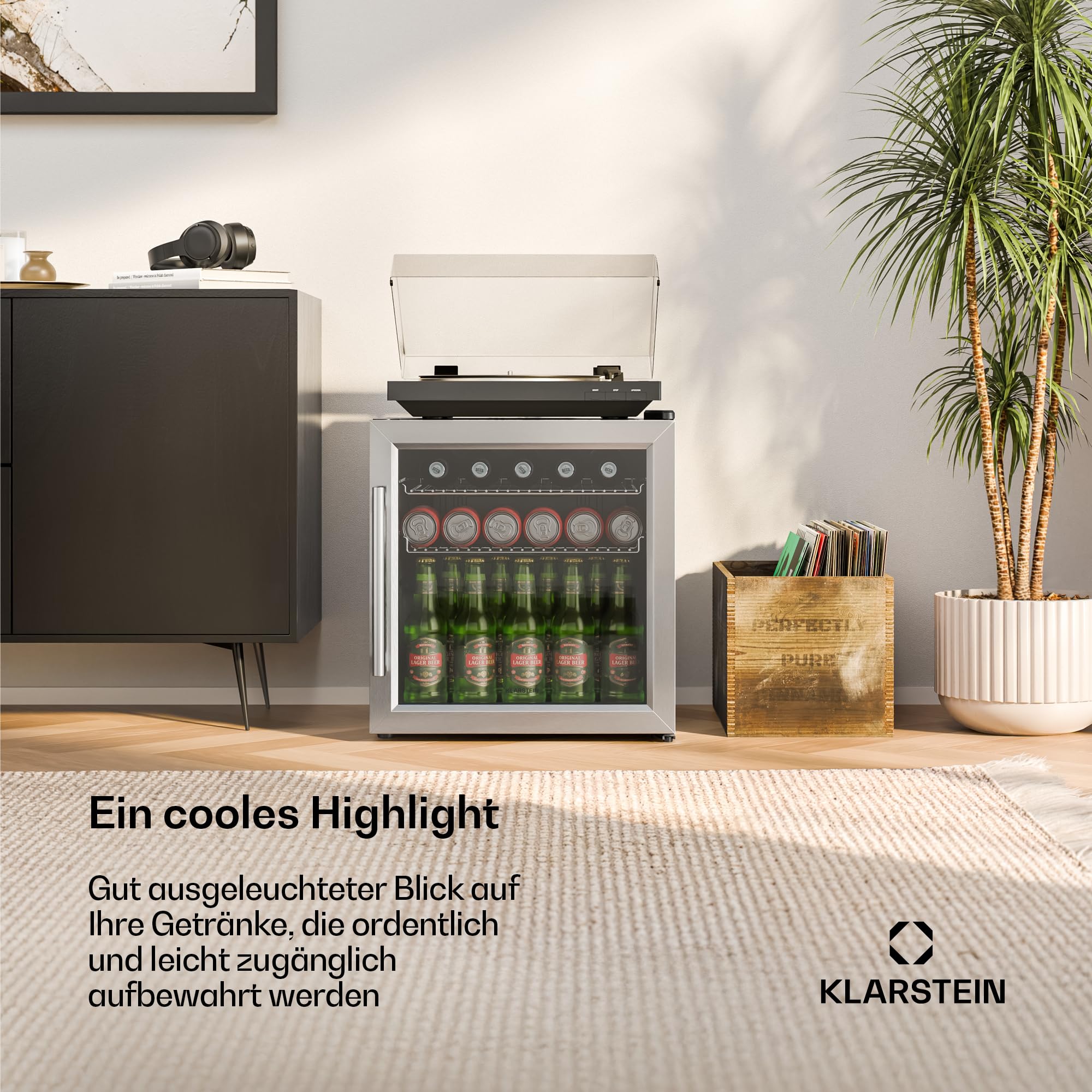 Getränkekühlschrank 33 L – Mini Kühlschrank mit Glastür, Silber-Schwarz | LED-Beleuchtung, herausnehmbare Metallablagen, leise, Flaschenkühlschrank für Getränke & Dosen