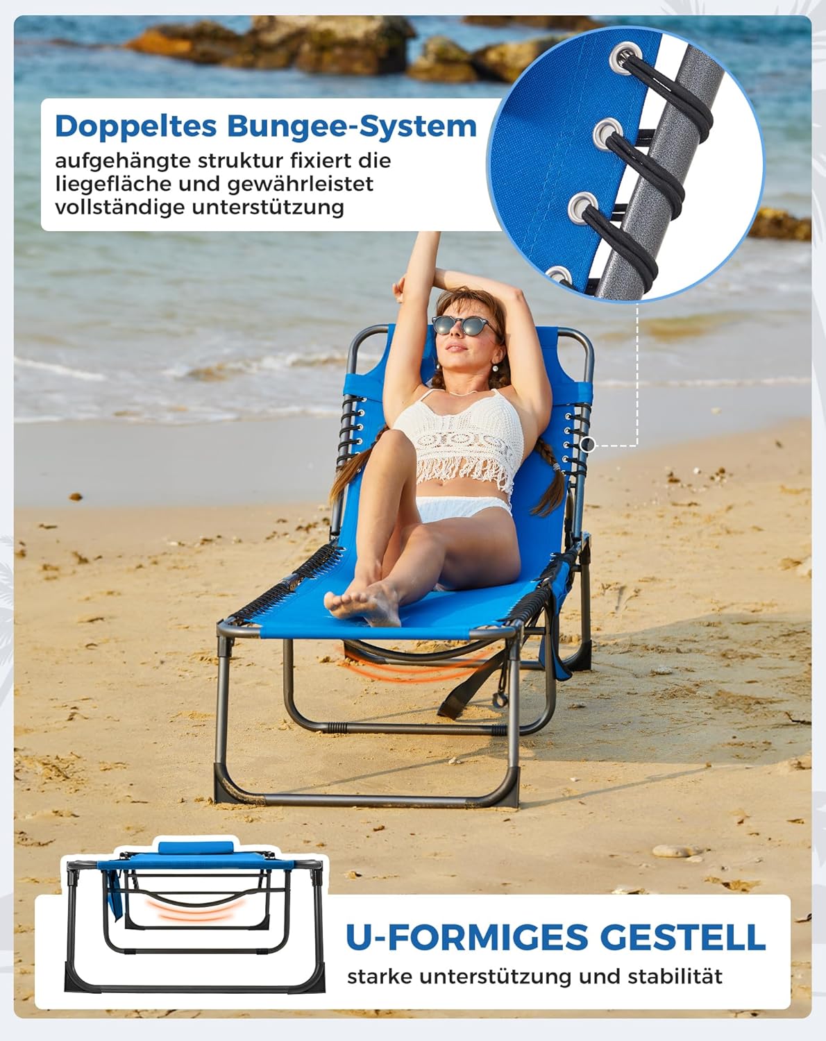 Sonnenliege Klappbar 5-Verstellbare, bis 180 kg, 2er Set, Blau | Gartenliege Klappbar, mit Kopfstütze & Seitentasche, Sonnenliege Wetterfest, Strandliege für Garten Terrasse Pool Camping