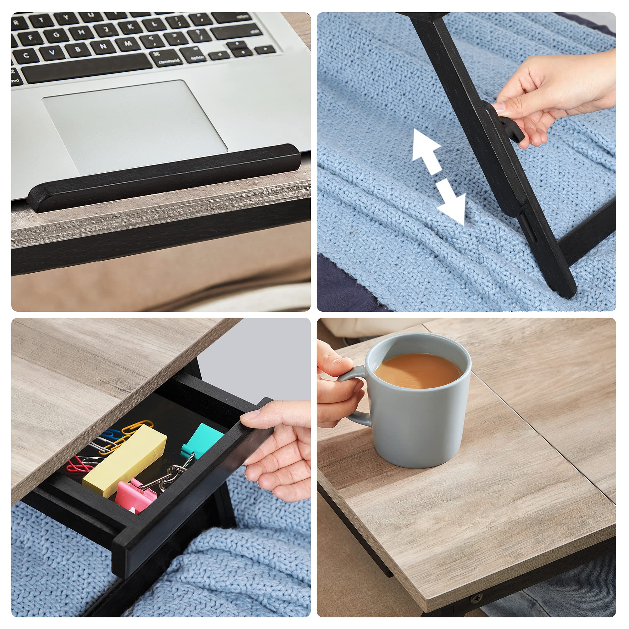 Laptoptisch für Bett, Laptopständer, Winkel- und höhenverstellbar, klappbare Beine, für Laptops bis 15,6 Zoll, Arbeiten, Lesen, Bambusbeine, Schublade, 55,5 x 34,9 cm, vintagebraun LLD105B01