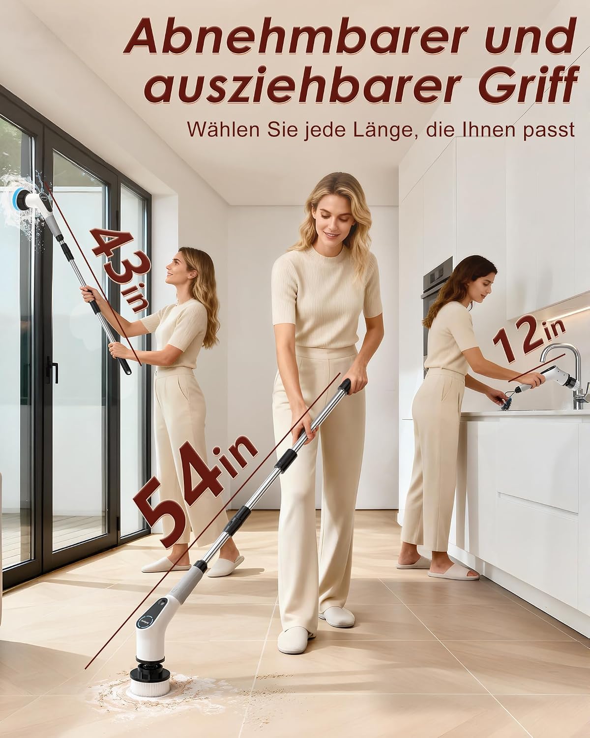 Elektrische Reinigungsbürste, 8 in 1 Electric Cleaning Brush | mit austauschbaren Bohrbürstenköpfen, Wanne mopSet, Elektrische Putzbürste mit Verstellbarem Griff für Bad Küche Auto Fußbode