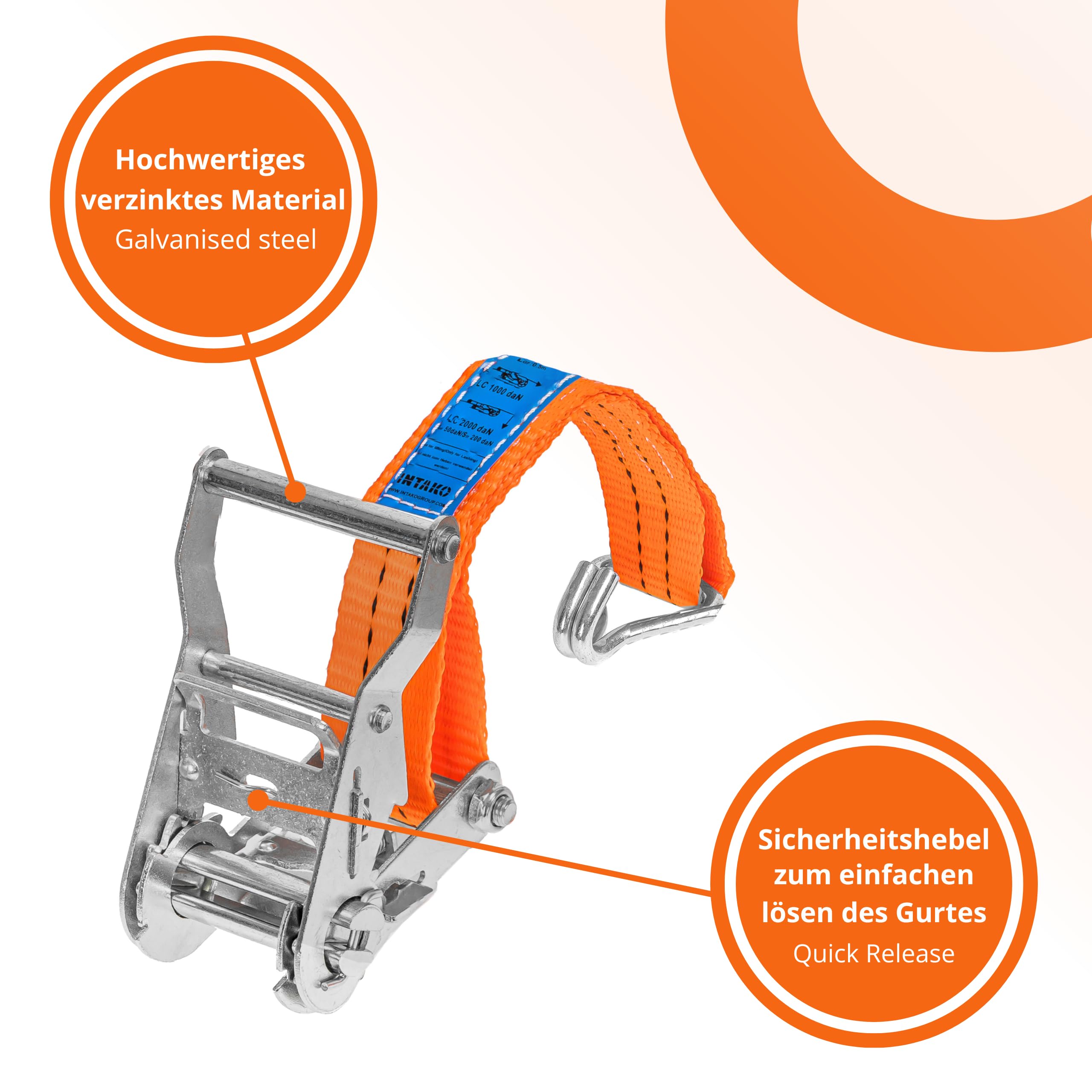 Spanngurte mit Ratsche und Haken - 4m / 6m / 8m - 2000kg 35mm - 4 Stück - Ratschen Set - Ratschengurt 2-Teilig - Zurrgurt Orange - TÜV GS Geprüft und gemäß DIN EN 12195-2 (Orange, 6m)