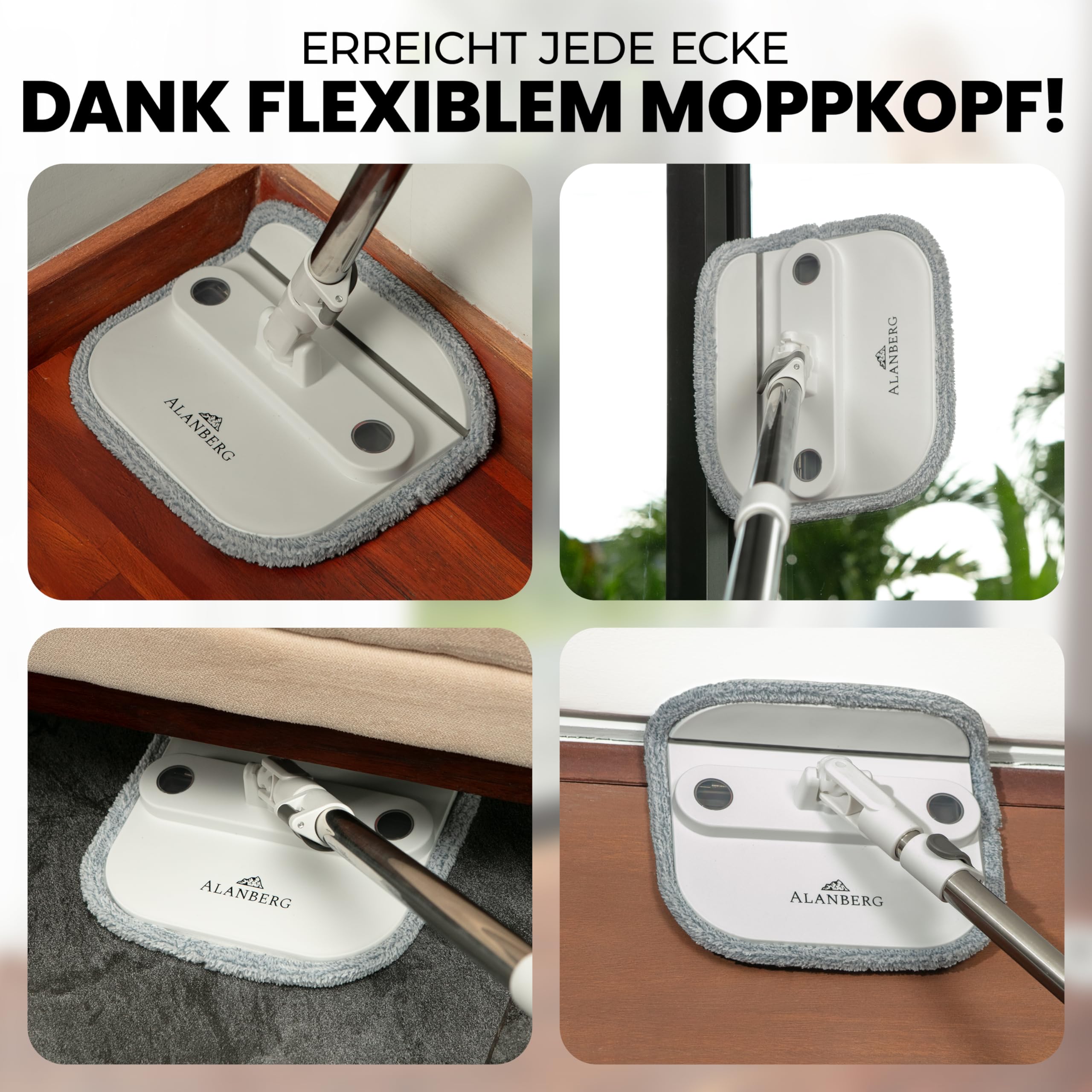 Wischmopp Set mit Eimer, 2-Kammer-System Frisch-/Schmutzwasser Trennung, selbst-auswringend, 160 cm Stiel & 2 Mikrofaser-Pads, für alle Böden, Grau