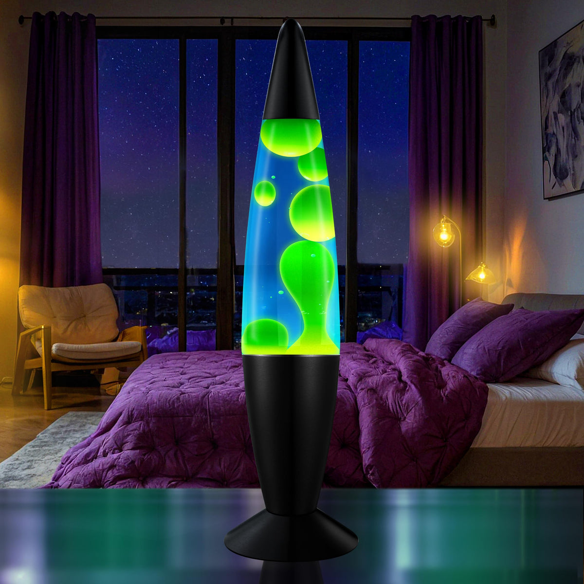 Jambo Liquid-Motion-Lampe mit schwarzem Sockel (Black Base, Purple Liquid, White Wax, 16")