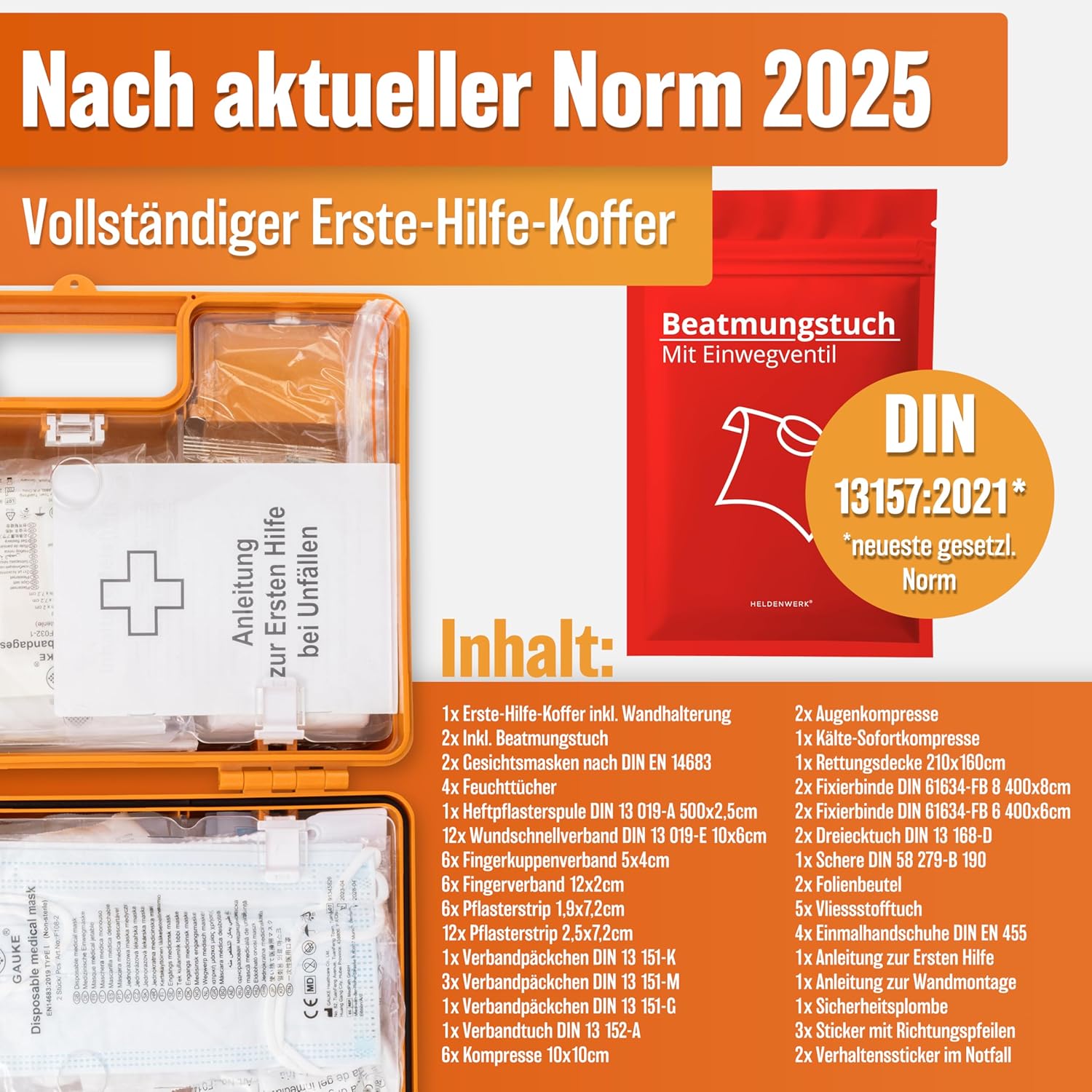 Erste-Hilfe-Box nach DIN 13157:2021 Inklusive Wandmontage & Aufkleber, universeller Erste-Hilfe-Fall für Unternehmen, Haushalte oder Catering - Büro-Erste-Hilfe-Box gefüllt, Sanitärbox