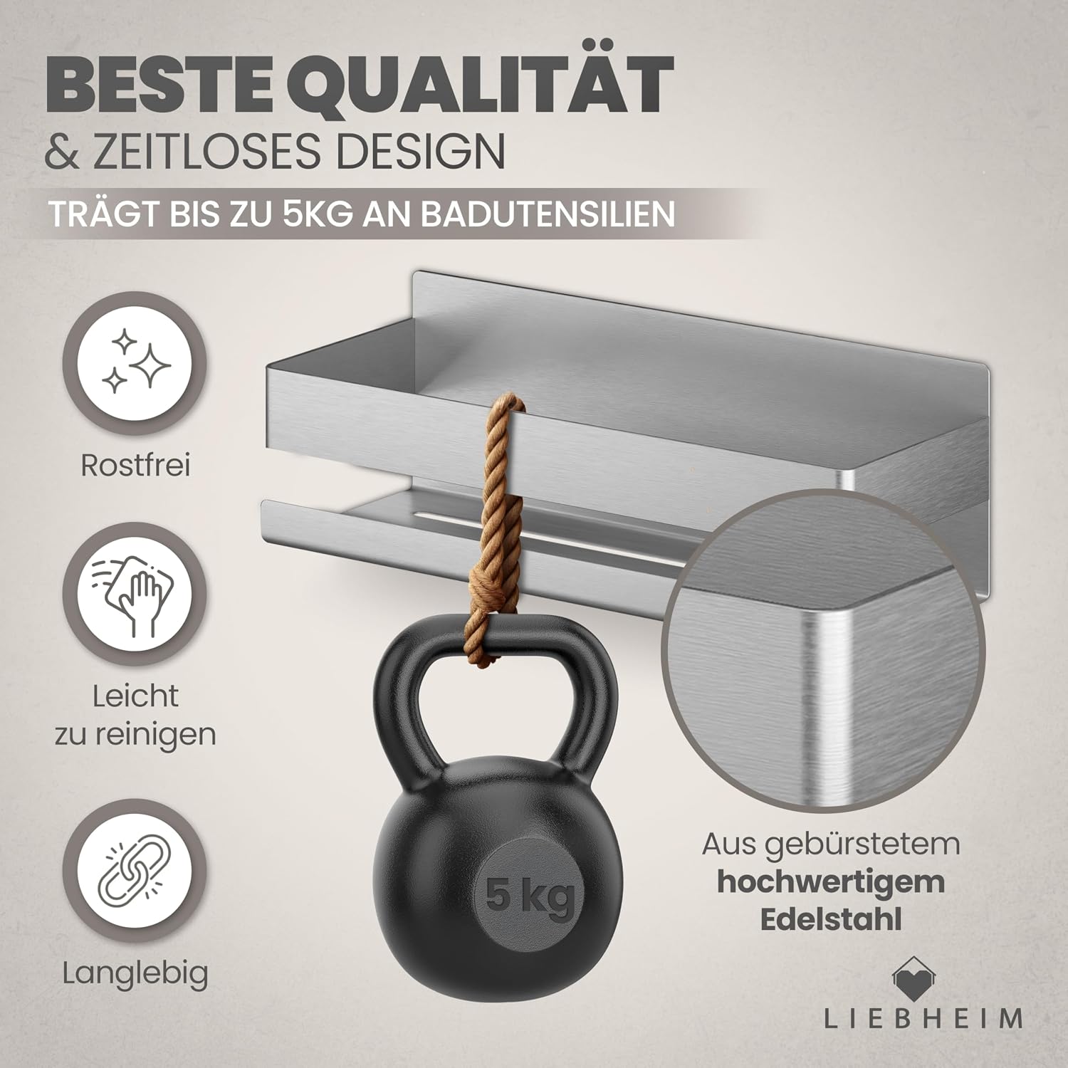 Duschablage Ohne Bohren - Badregal - Duschkorb - Bad Organizer | Massiv - silber gebürstet - 22 cm x 9 cm - 2 Klebevarianten für Nass- und Trockenbereich