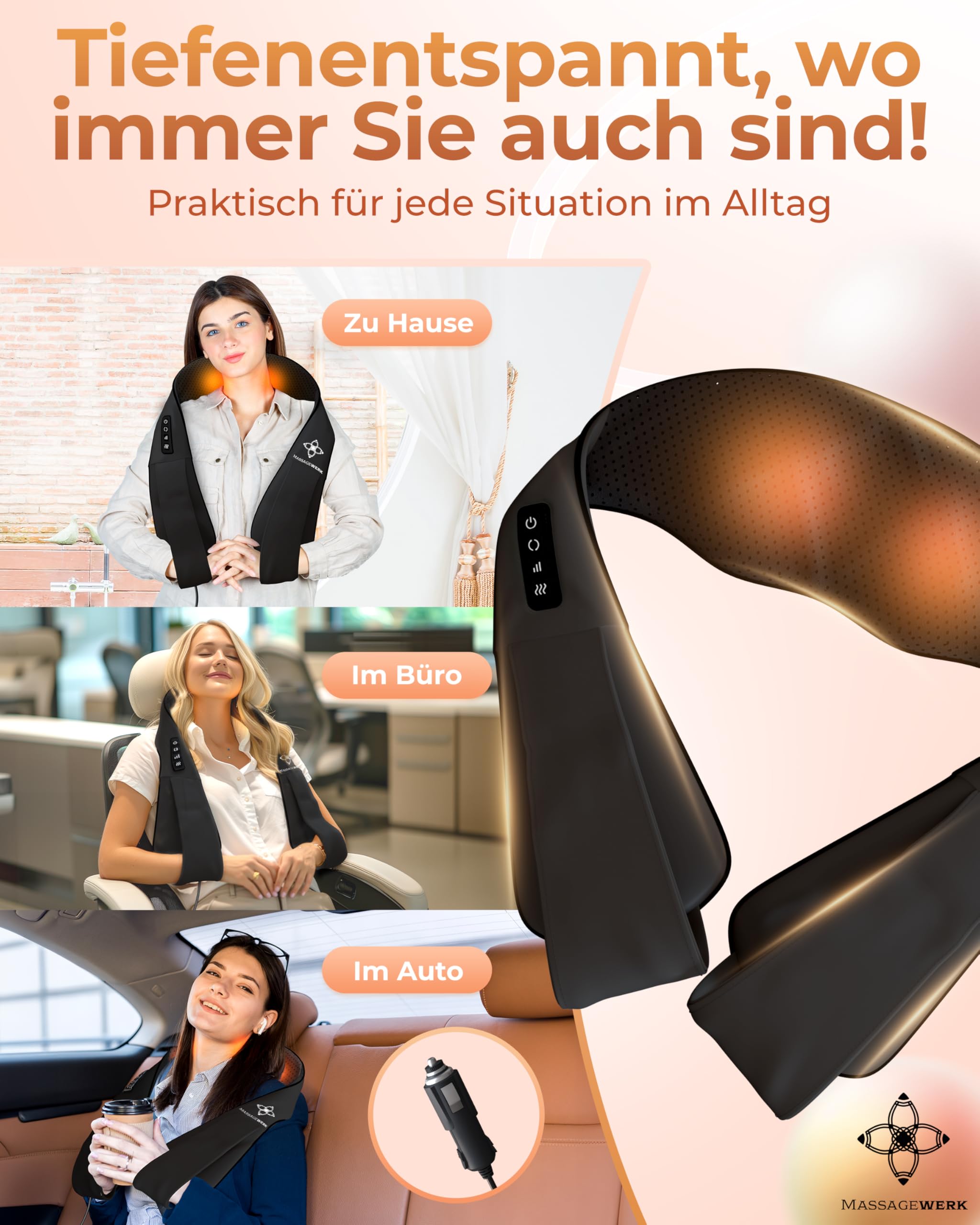 Shiatsu Rücken- und Halsmassagegerät / Elektrischer Nackenmassagegerät mit Wärmefunktion / Ergonomisch, Ideal zur Linderung von Muskelverspannungen und Schmerzen