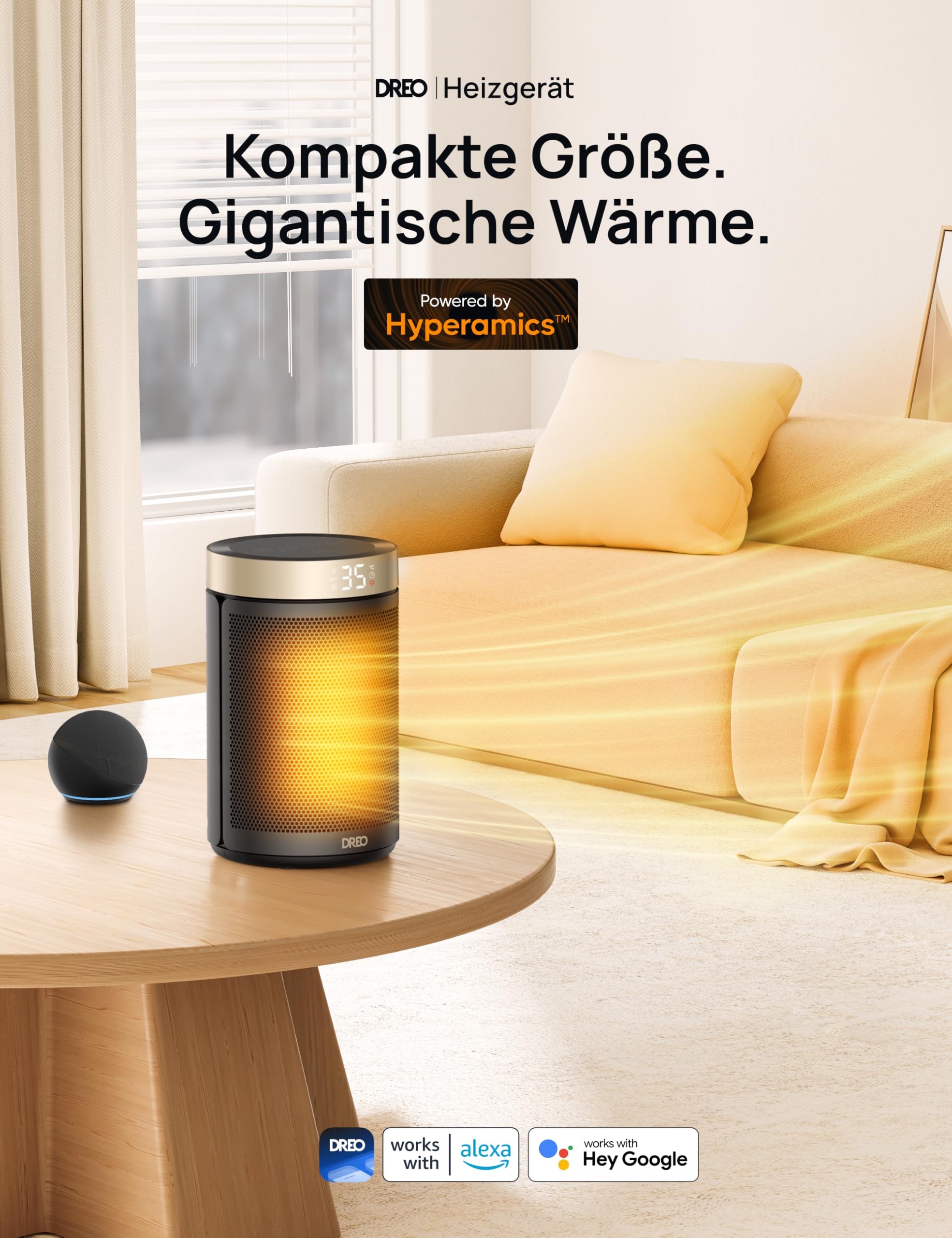 Energiesparender Heizlüfter, 34 dB Leiser 1500W Elektrischer PTC Keramik, Thermostat, Überhitzungs- & Kippschutz, 12 Std. Timer, Elektroheizung für Räume Schlafzimmer, Heater 316, Gold