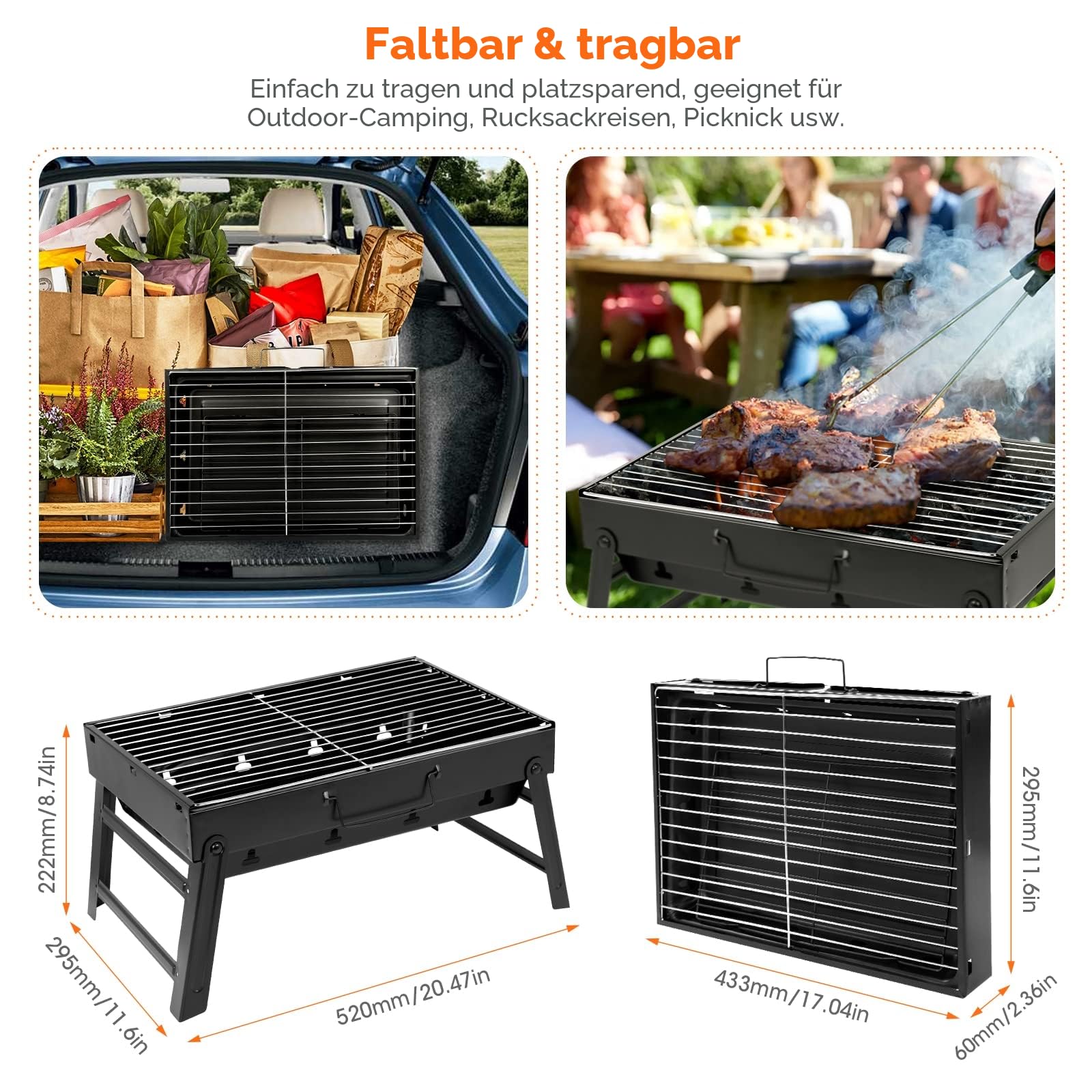 Holzkohlegrill Picknickgrill Edelstahl Kleiner Grill Portabler Campinggrill Abnehmbare BBQ Grills für Outdoor Garten Party