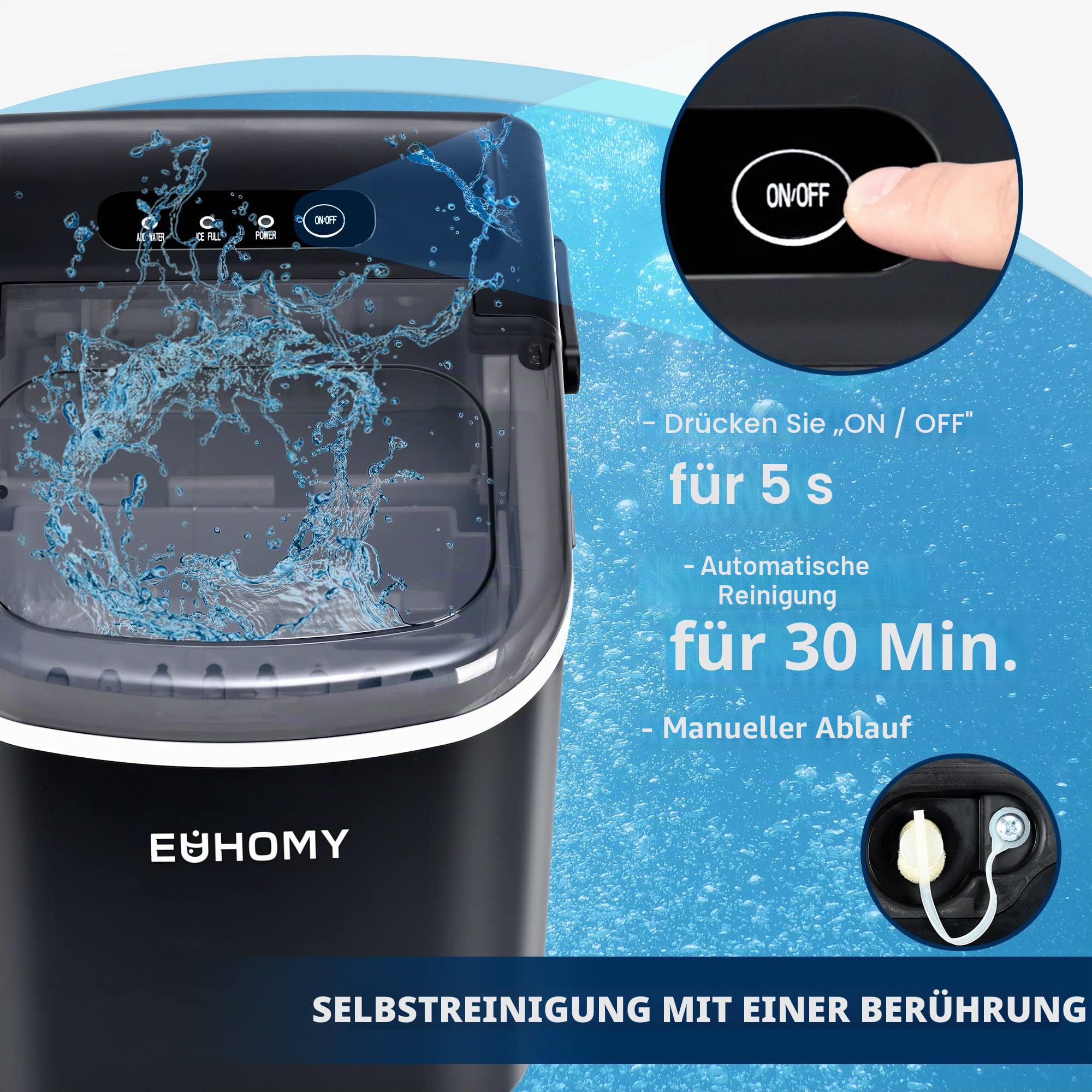 Eiswürfelmaschine Klein, 9 Eiswürfel in 6 Minuten, 12 kg/24H, Eiswürfelmaschine Edelstahl mit Tragbarem Griff, Selbstreinigender Kompakter Eiswürfelmaschinen für Zuhause/Küche/Büro/Bar